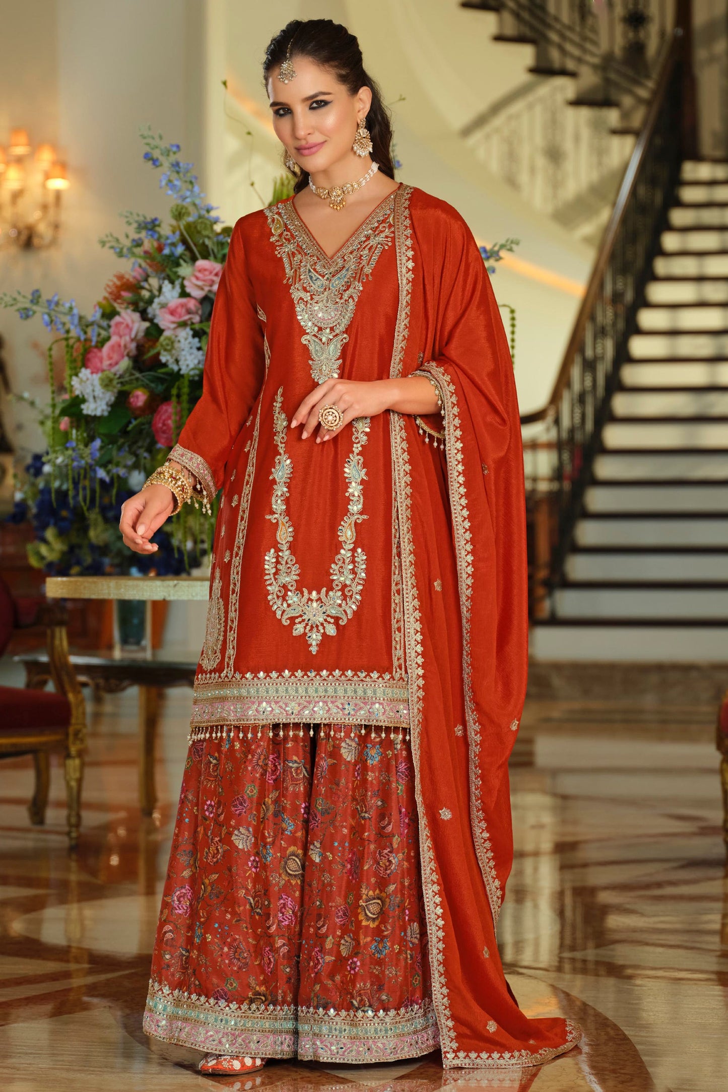 Red Readymade Embroidered Chinon Suit-SAR11672_1_SareeButa.com