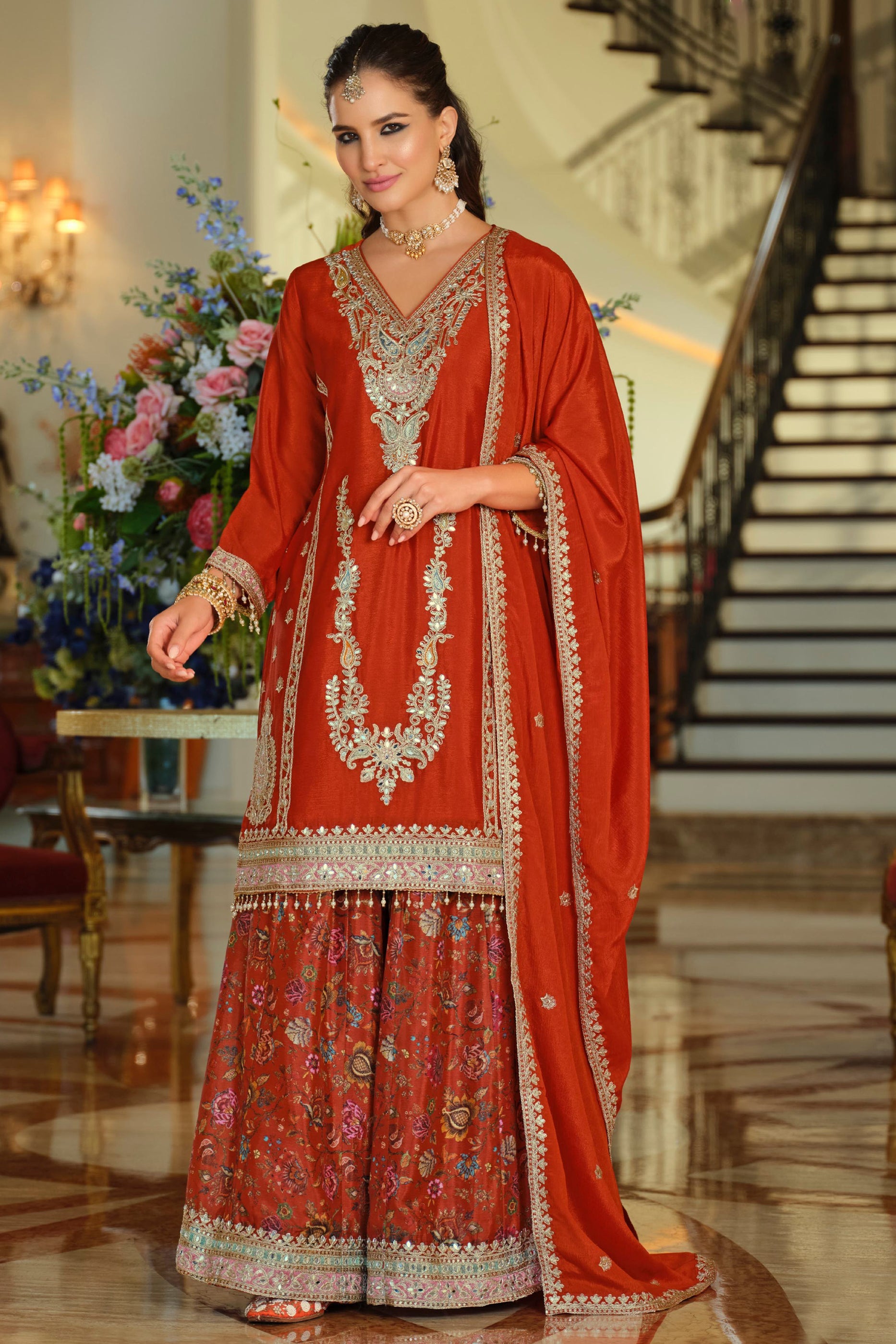 Red Readymade Embroidered Chinon Suit-SAR11672_1_SareeButa.com