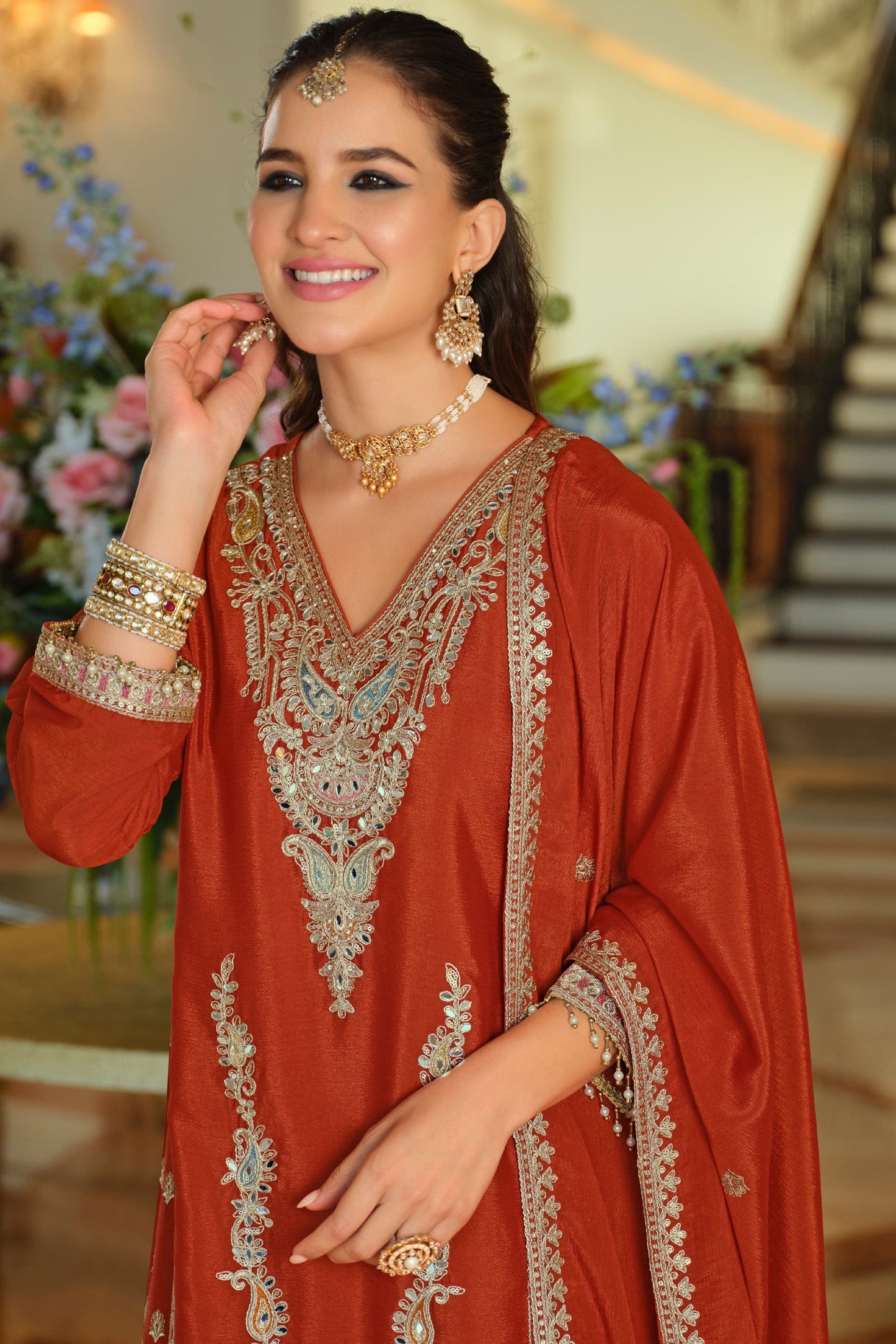 Red Readymade Embroidered Chinon Suit-SAR11672_2_SareeButa.com