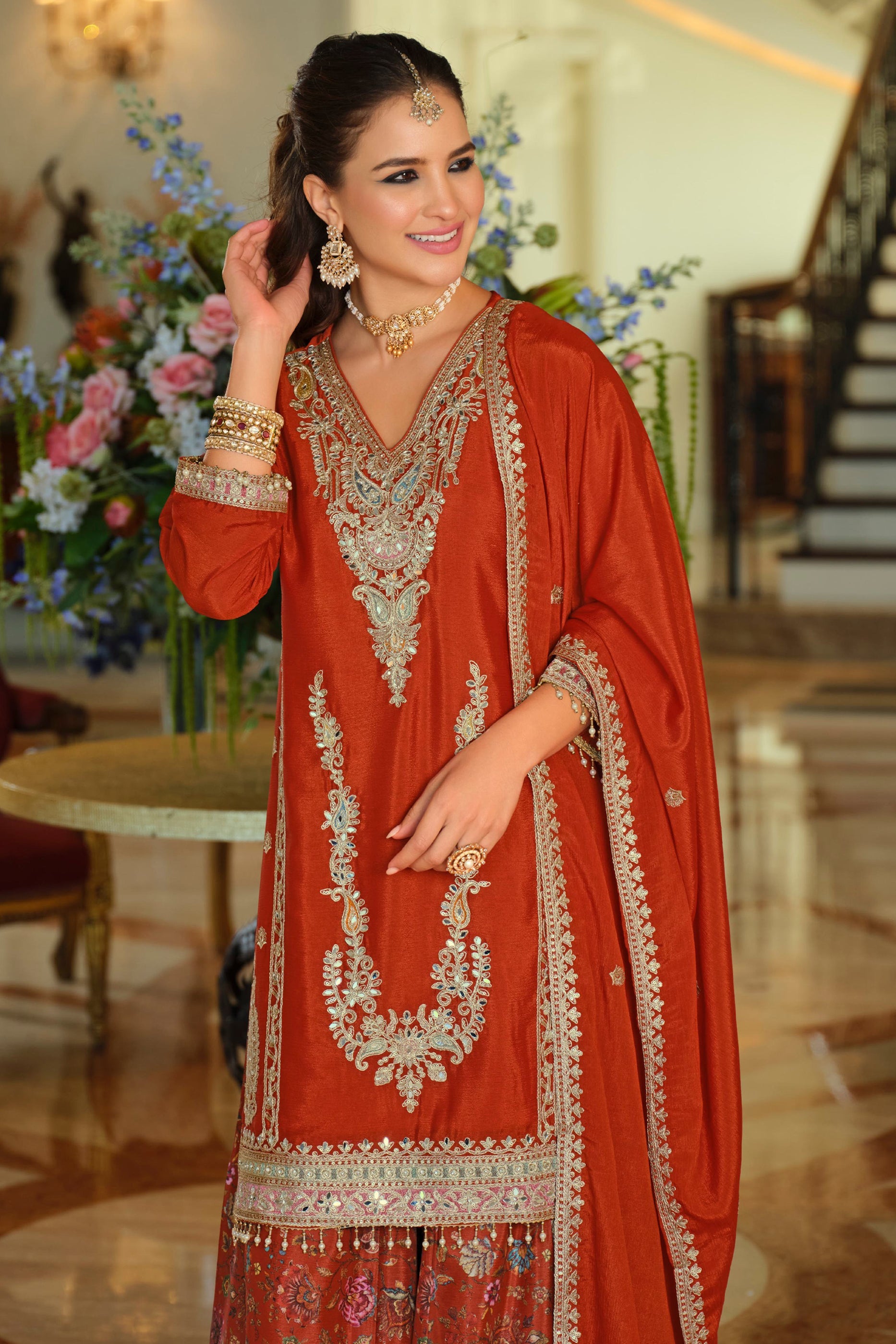Red Readymade Embroidered Chinon Suit-SAR11672_3_SareeButa.com