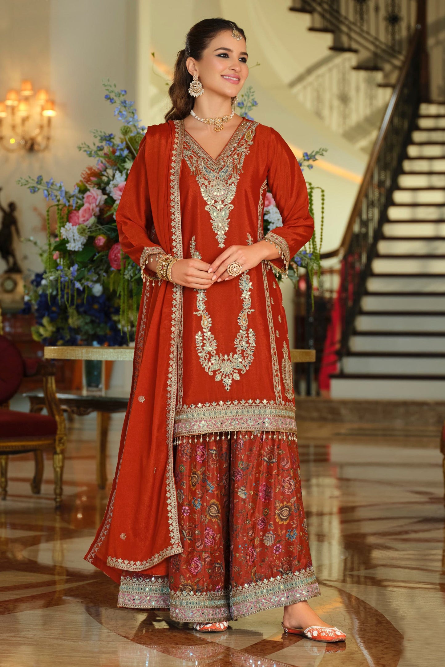 Red Readymade Embroidered Chinon Suit-SAR11672_4_SareeButa.com