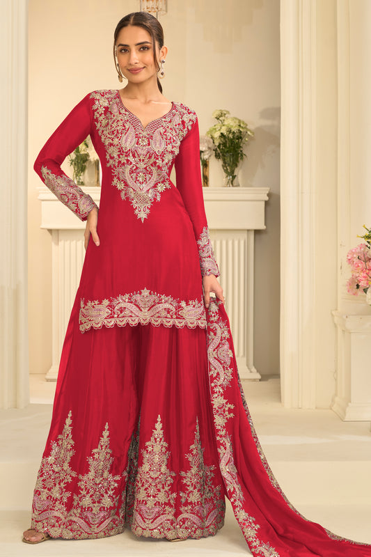 Red Readymade Embroidered Chinon Suit-SAR13298_1_SareeButa.com