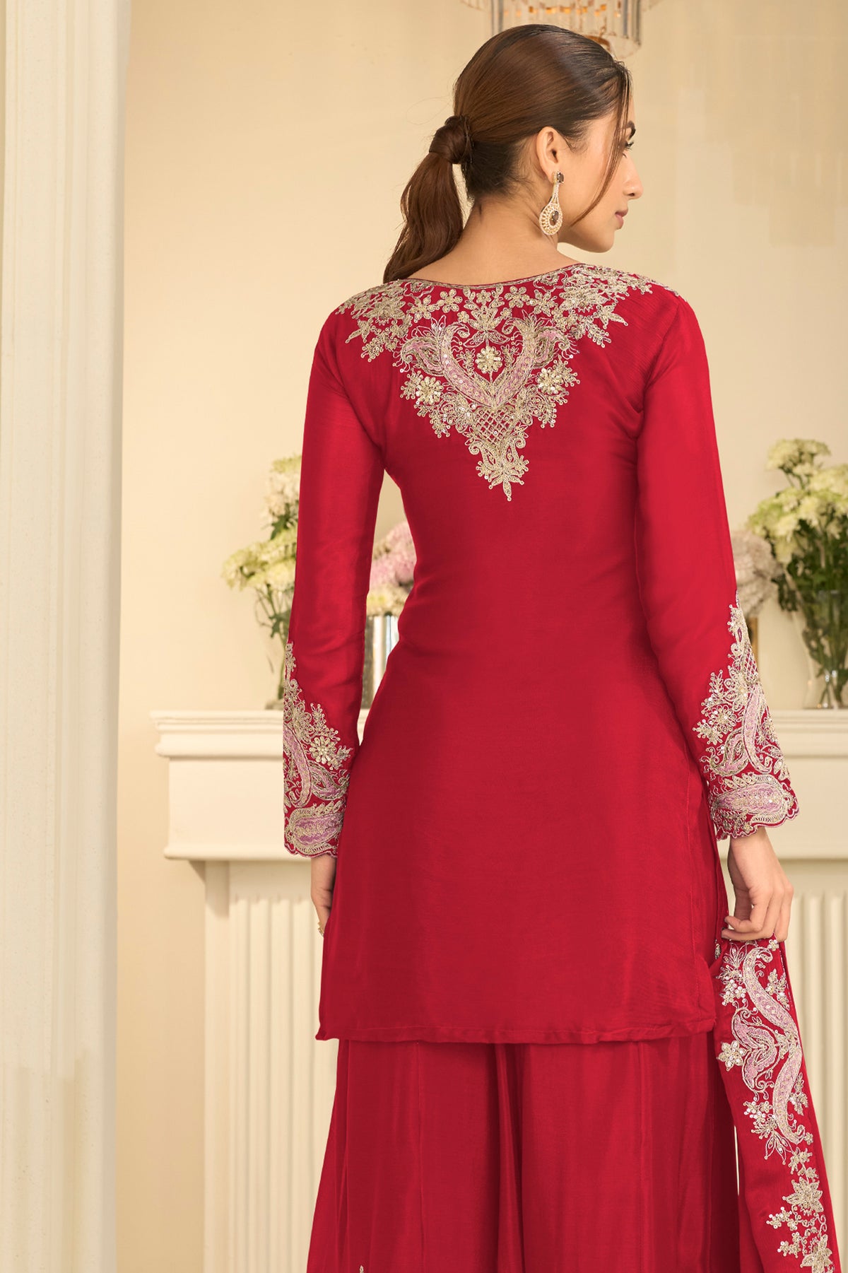 Red Readymade Embroidered Chinon Suit-SAR13298_3_SareeButa.com
