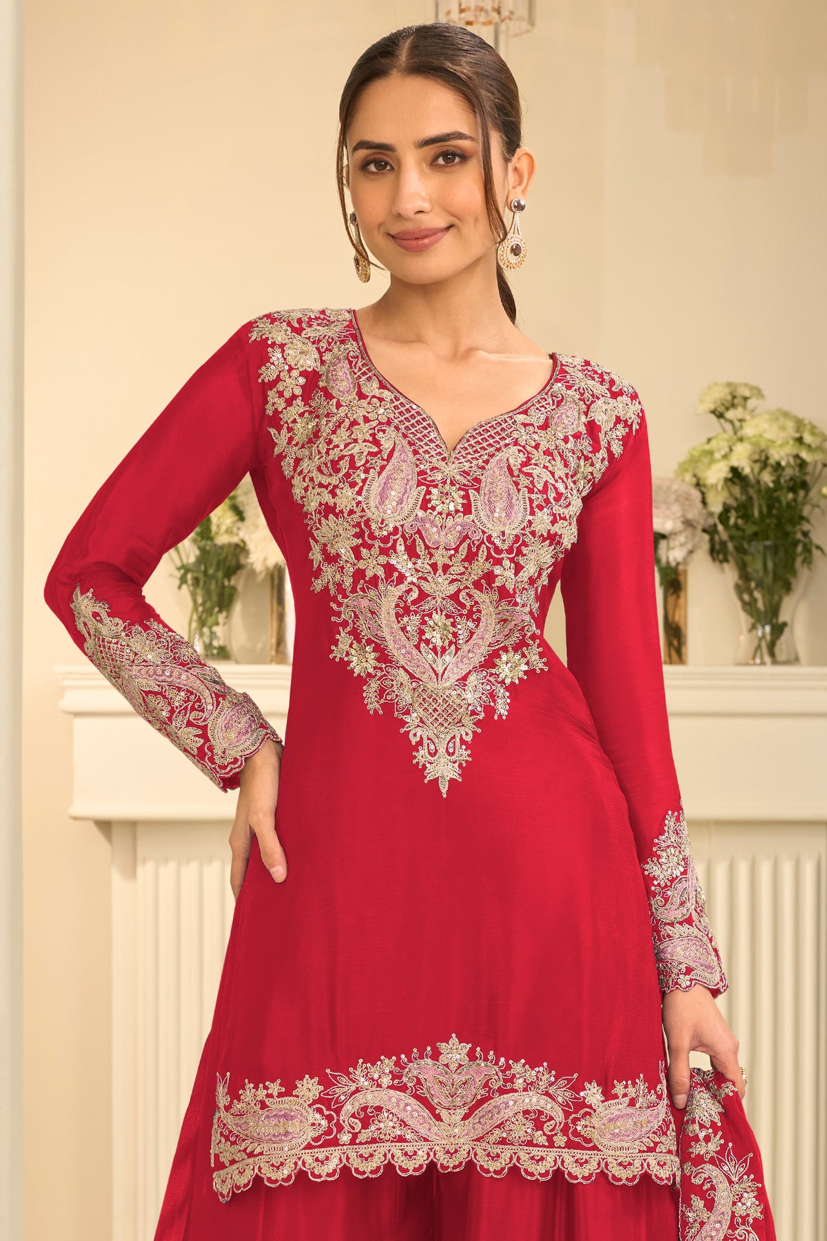 Red Readymade Embroidered Chinon Suit-SAR13298_4_SareeButa.com