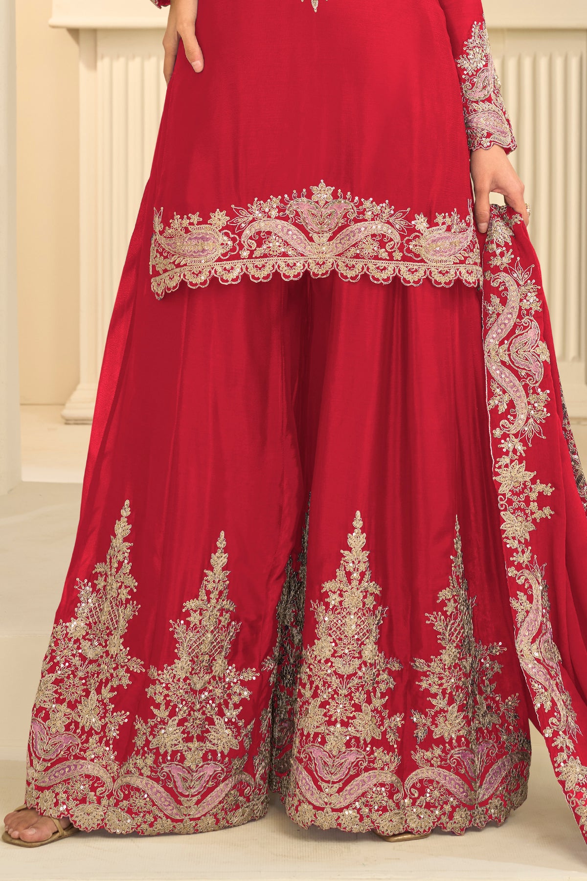 Red Readymade Embroidered Chinon Suit-SAR13298_5_SareeButa.com