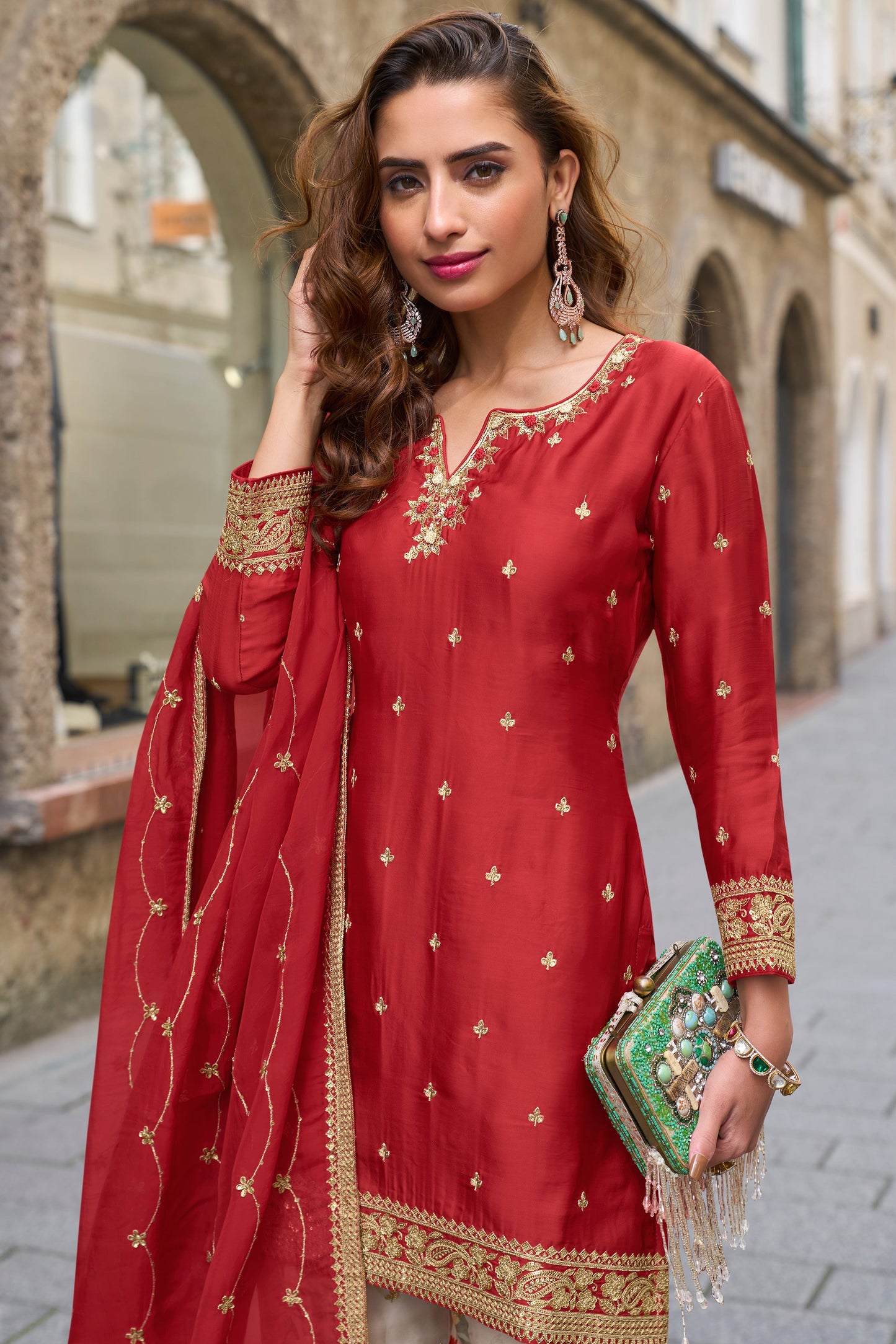 Red Readymade Embroidered Chinon Suit-SS722_2_SareeButa.com