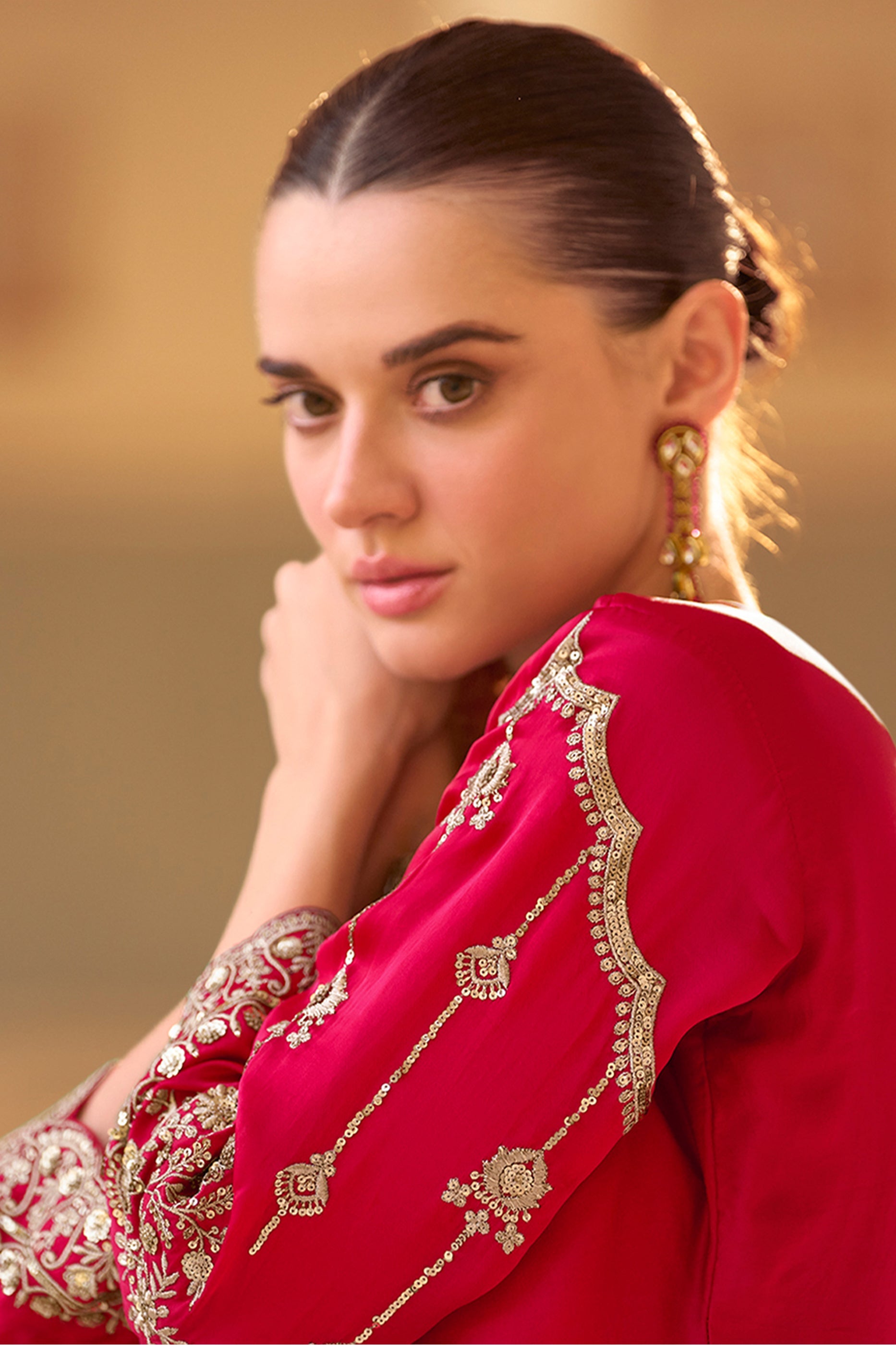 Red Readymade Embroidered Crepe Silk Suit-SAR11998_2_SareeButa.com