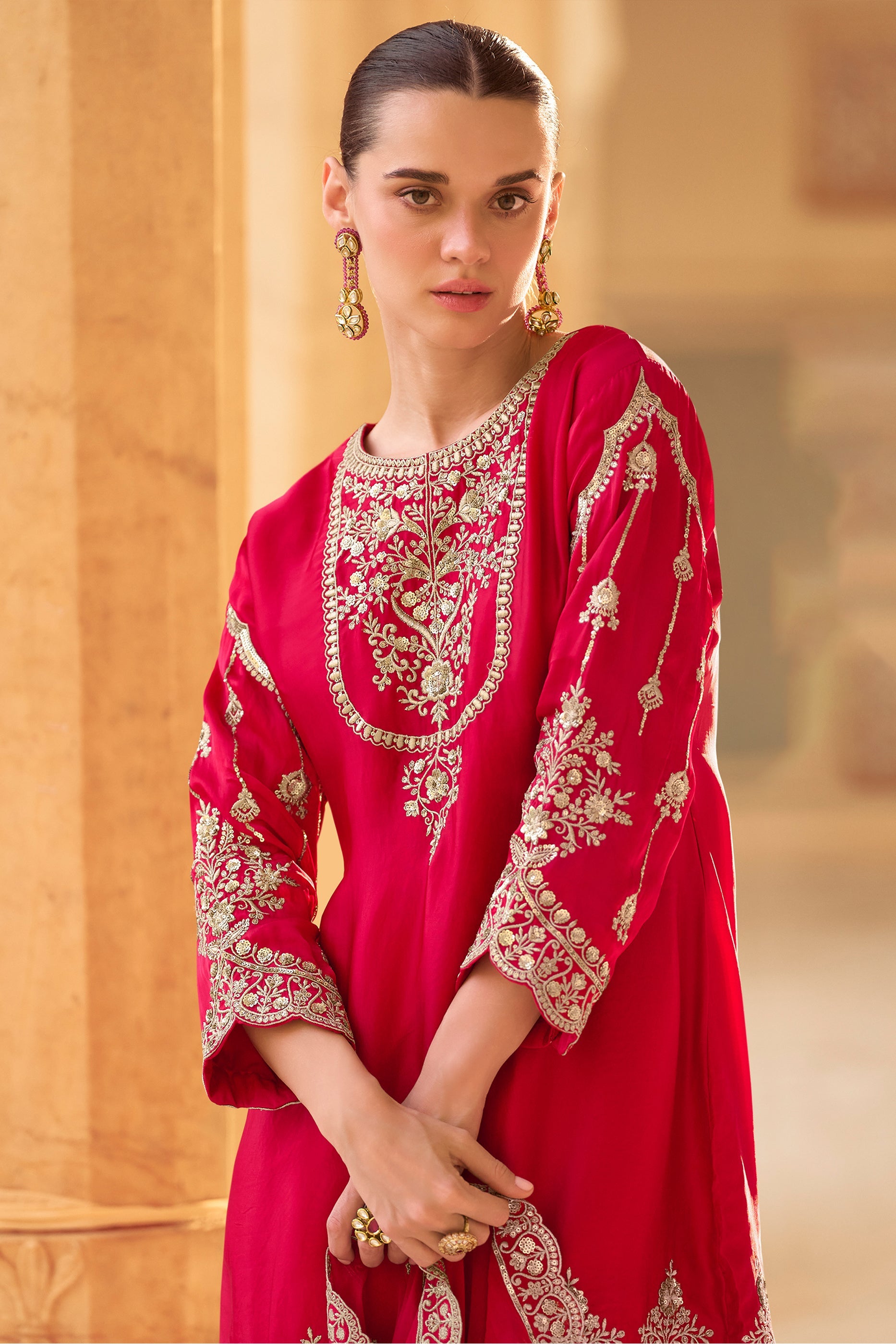 Red Readymade Embroidered Crepe Silk Suit-SAR11998_3_SareeButa.com
