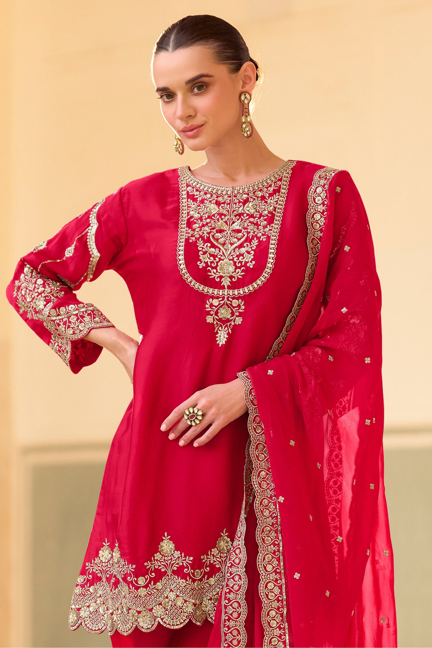 Red Readymade Embroidered Crepe Silk Suit-SAR11998_4_SareeButa.com