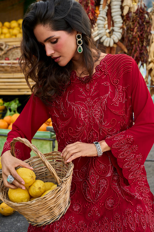 Red Readymade Embroidered Georgette Pant Suit-SAR13078_2_SareeButa.com