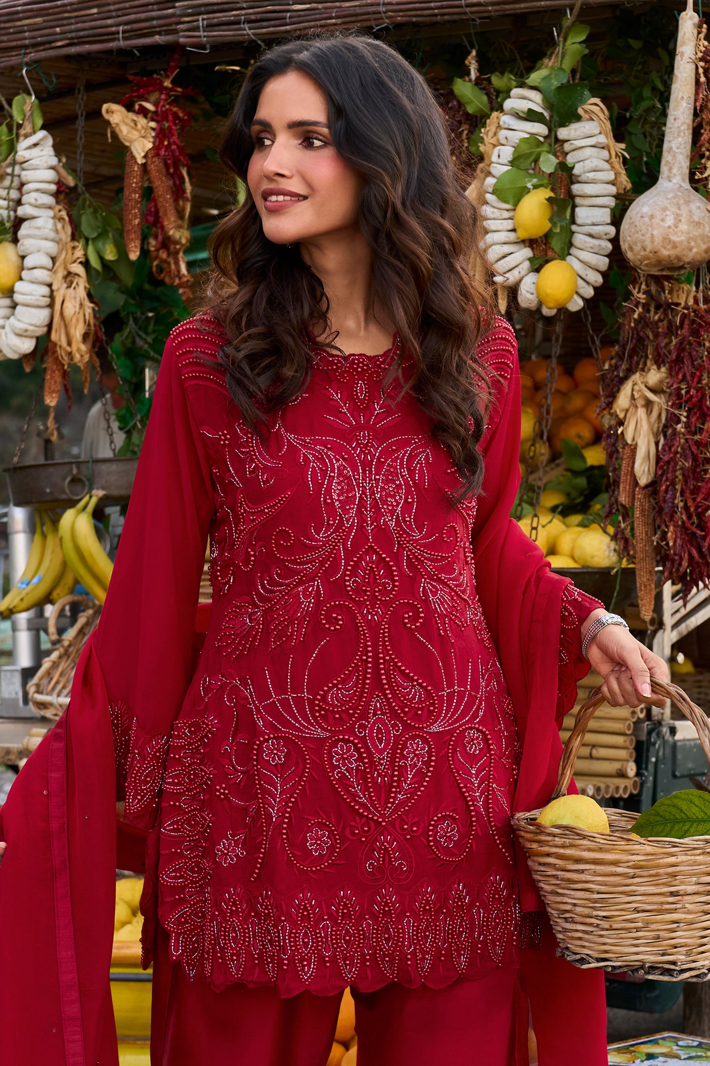 Red Readymade Embroidered Georgette Pant Suit-SAR13078_3_SareeButa.com