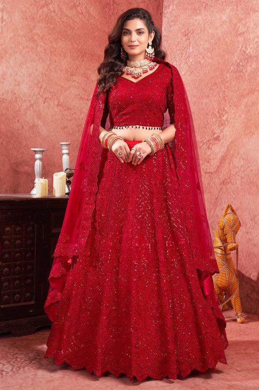 Red Readymade Embroidered Net Lehenga-SAR10717_1_SareeButa.com