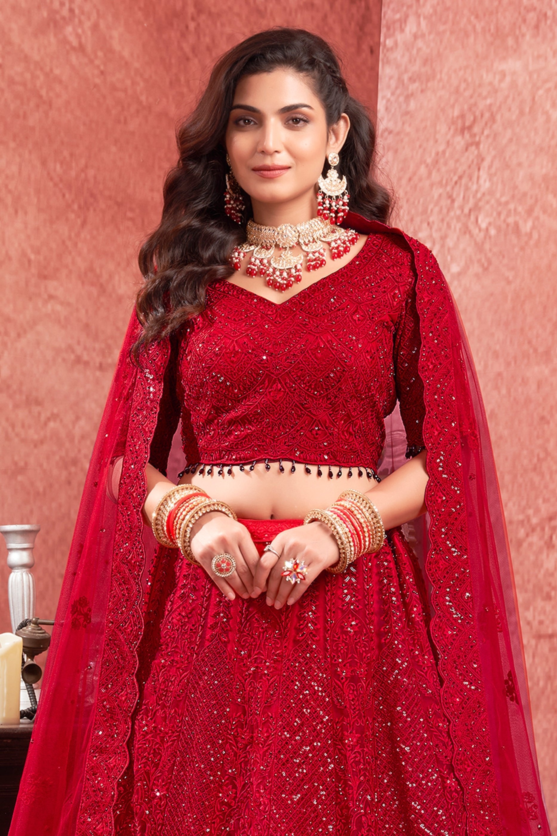 Red Readymade Embroidered Net Lehenga-SAR10717_2_SareeButa.com