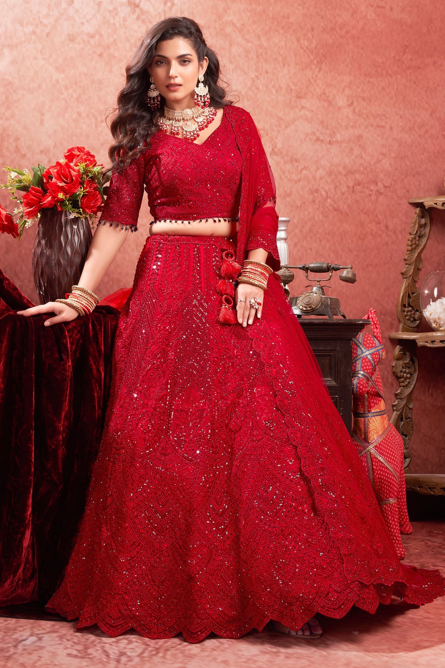 Red Readymade Embroidered Net Lehenga-SAR10717_3_SareeButa.com