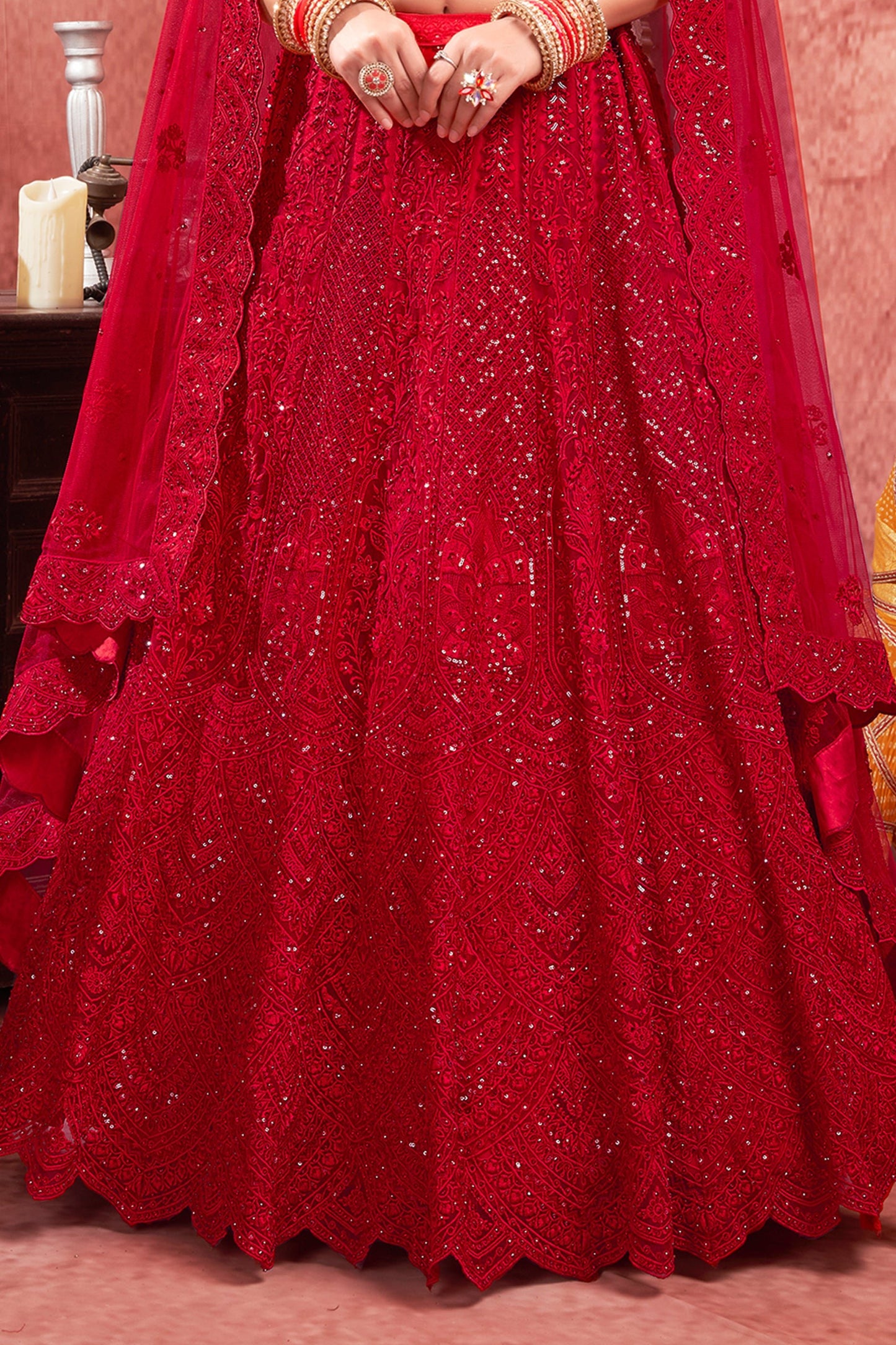 Red Readymade Embroidered Net Lehenga