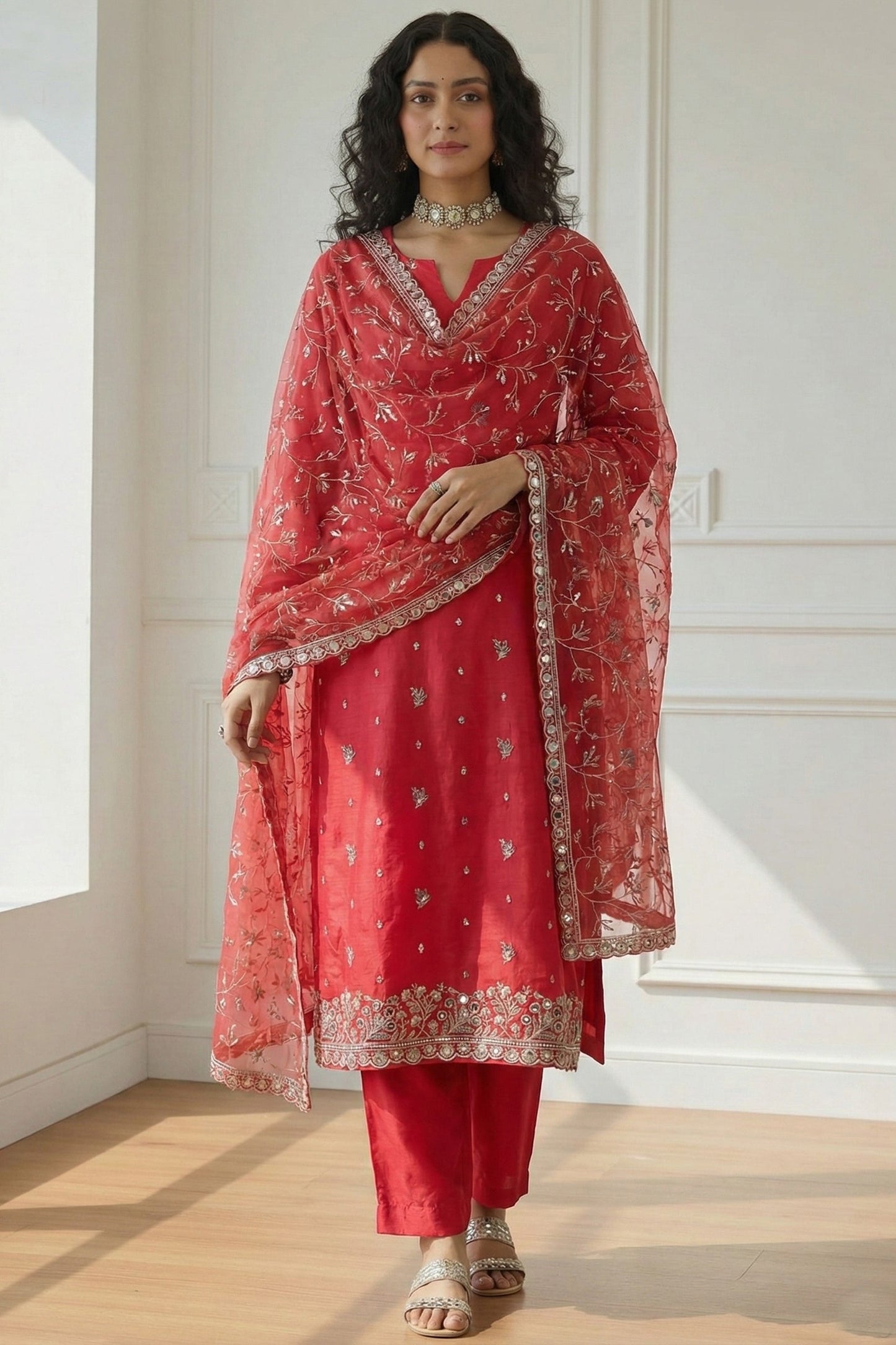 Red Readymade Embroidered Organza Suit-SAR11639_1_SareeButa.com