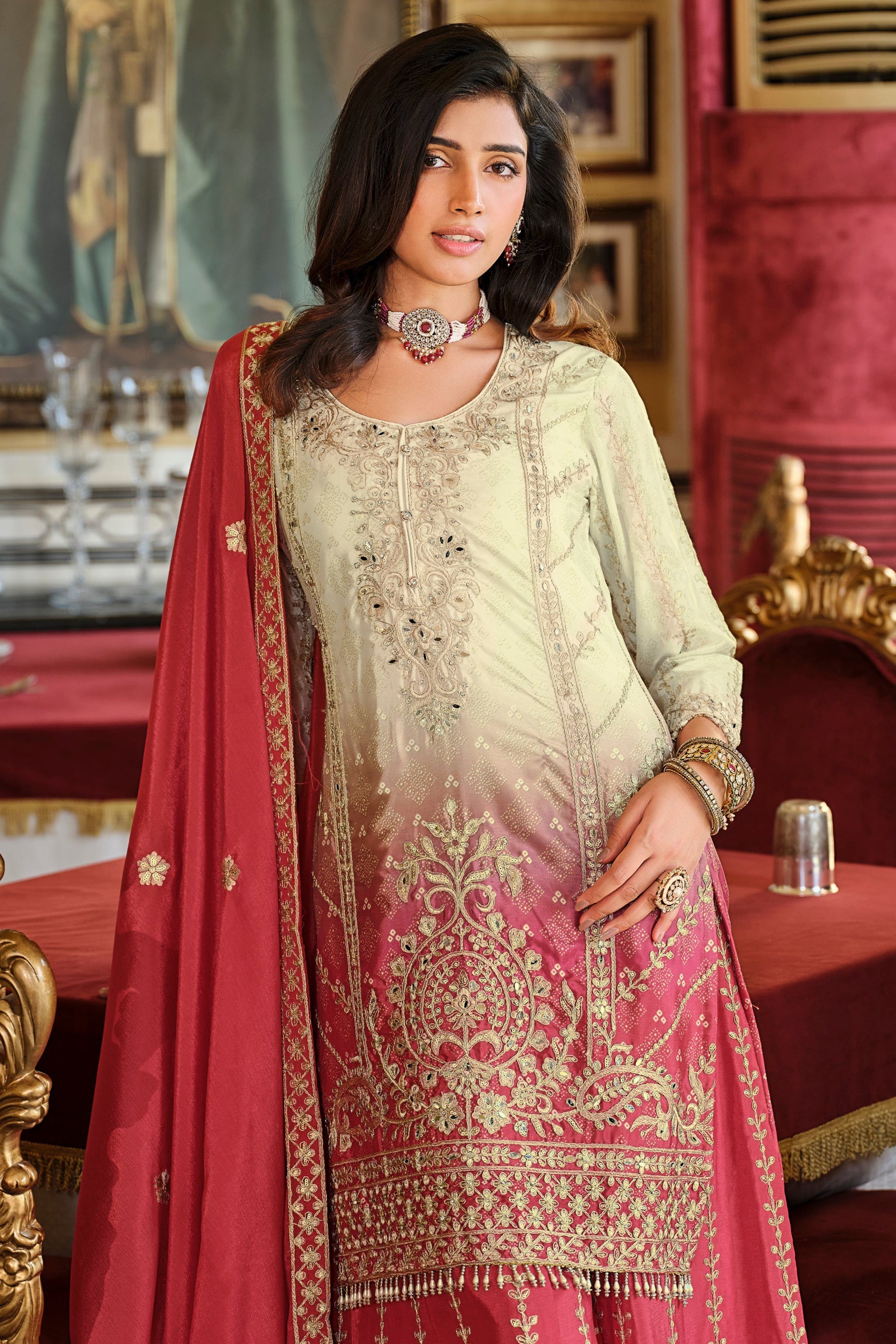 Red Readymade Embroidered Palazzo Suit-SAR11680_2_SareeButa.com