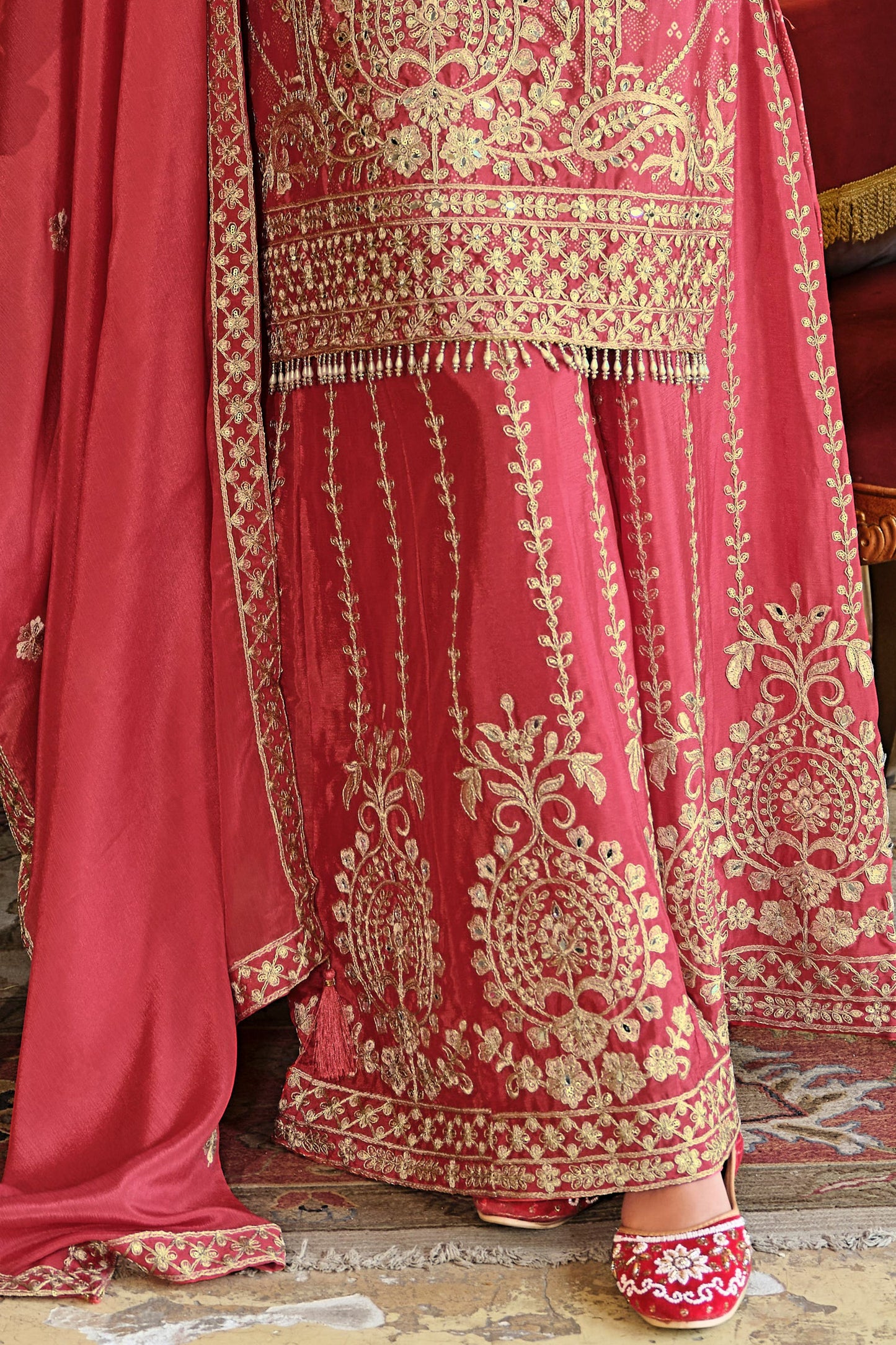 Red Readymade Embroidered Palazzo Suit-SAR11680_4_SareeButa.com