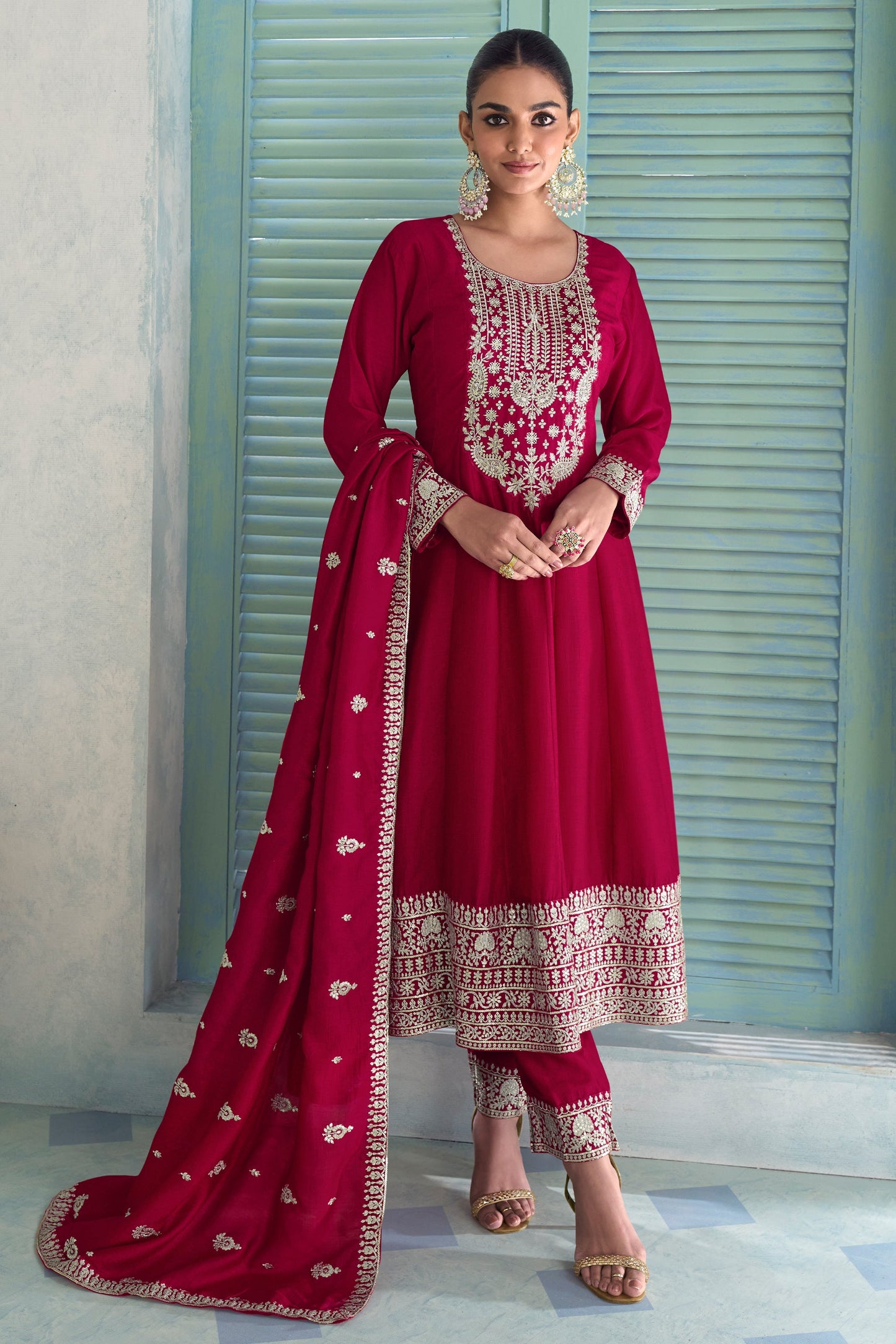 Red Readymade Embroidered Silk Anarkali Suit-SAR10678_1_SareeButa.com