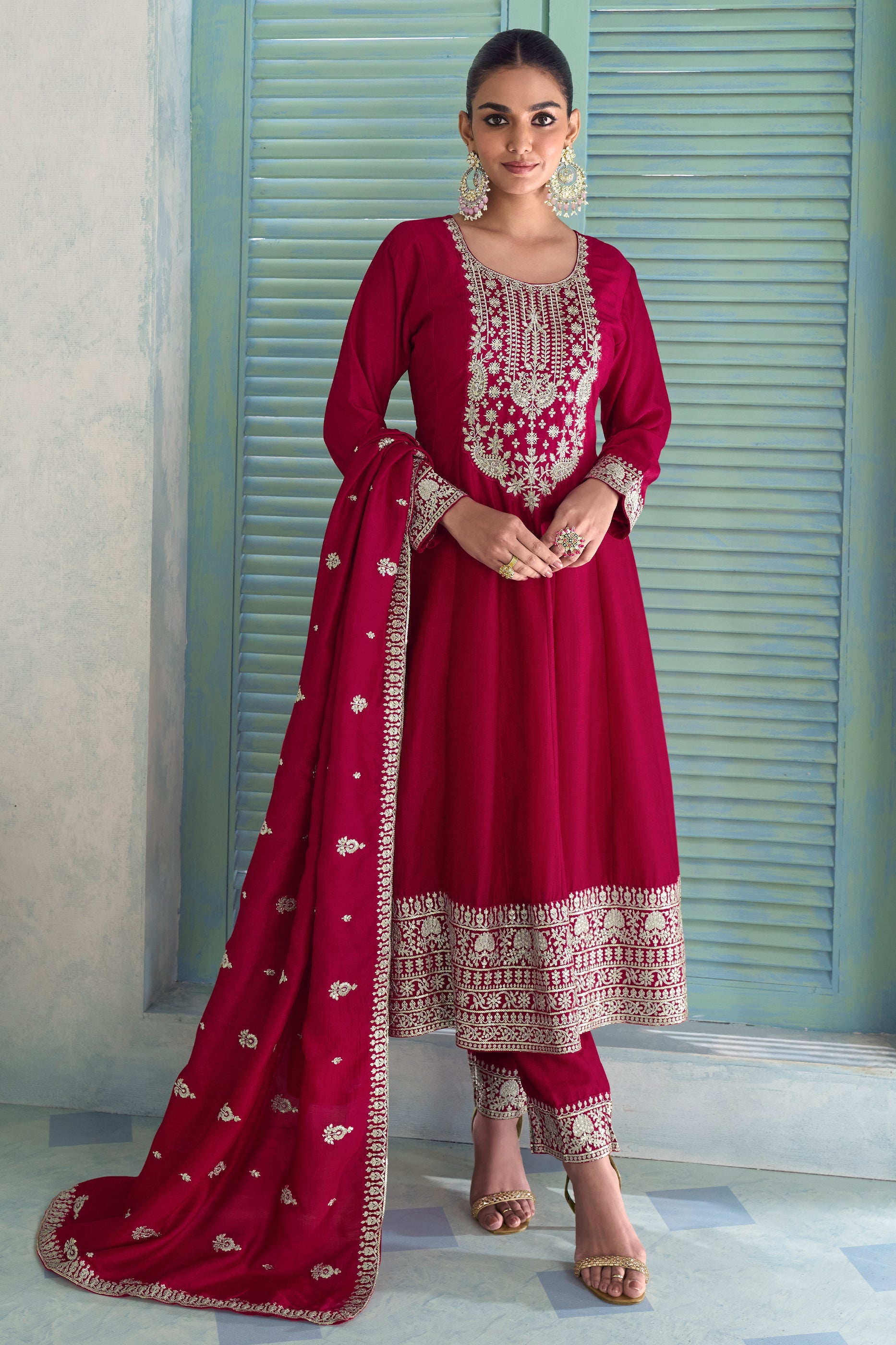 Red Readymade Embroidered Silk Anarkali Suit-SAR10678_1_SareeButa.com