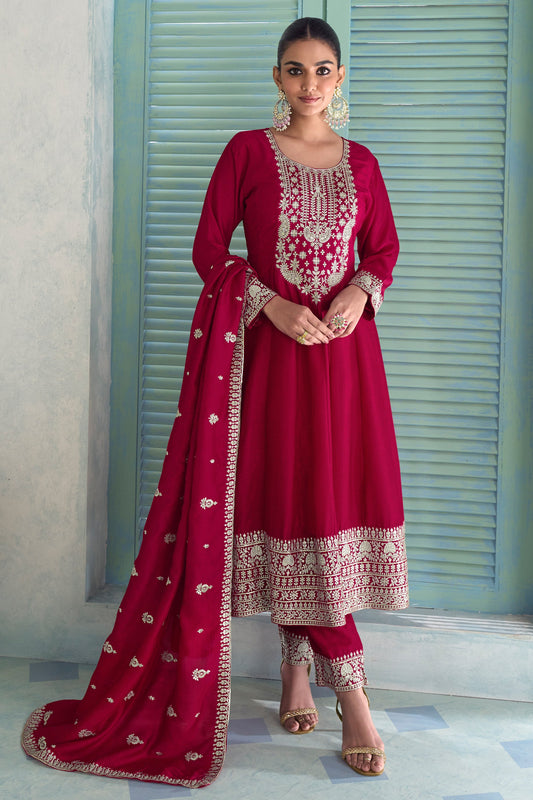 Red Readymade Embroidered Silk Anarkali Suit-SAR10678_1_SareeButa.com