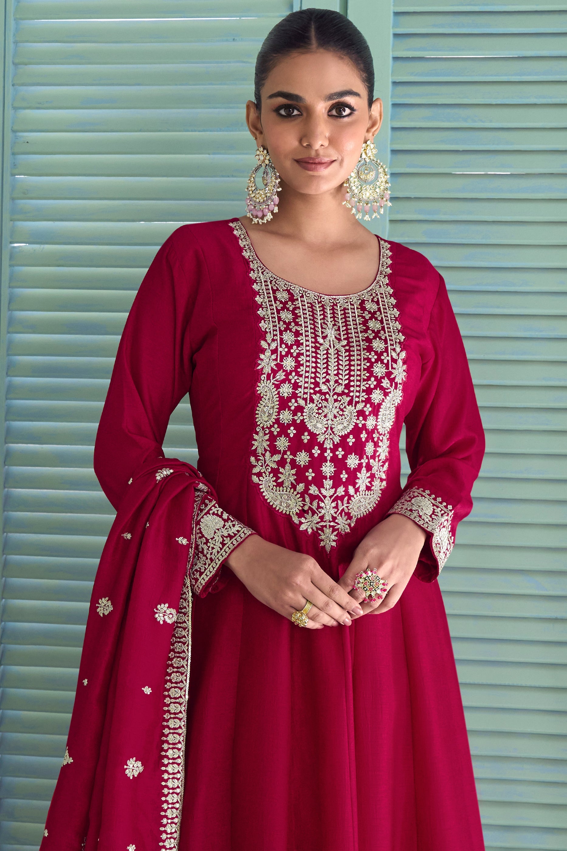 Red Readymade Embroidered Silk Anarkali Suit-SAR10678_3_SareeButa.com