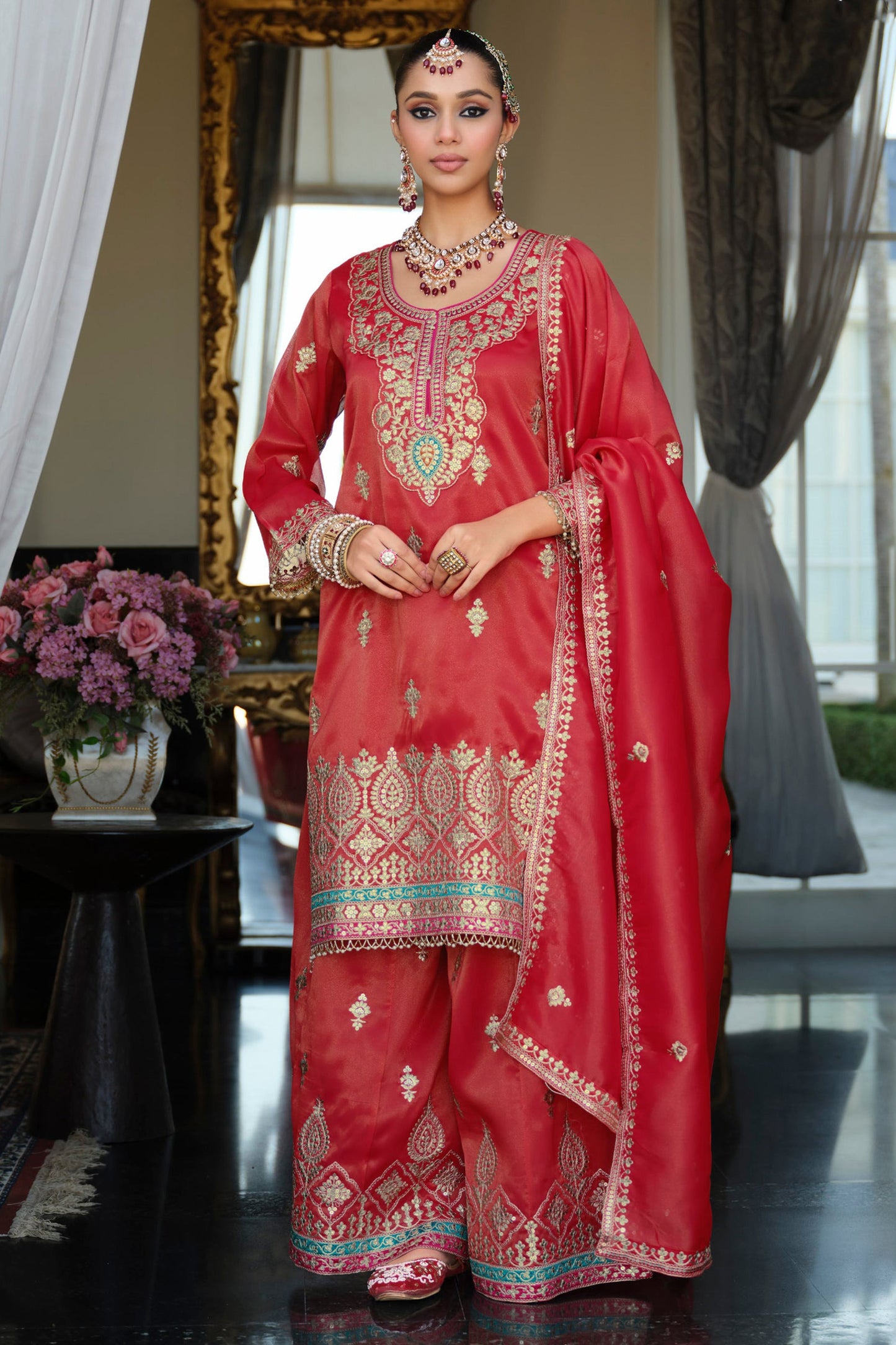 Red Readymade Embroidered Simar Silk Suit-SAR12127_1_SareeButa.com