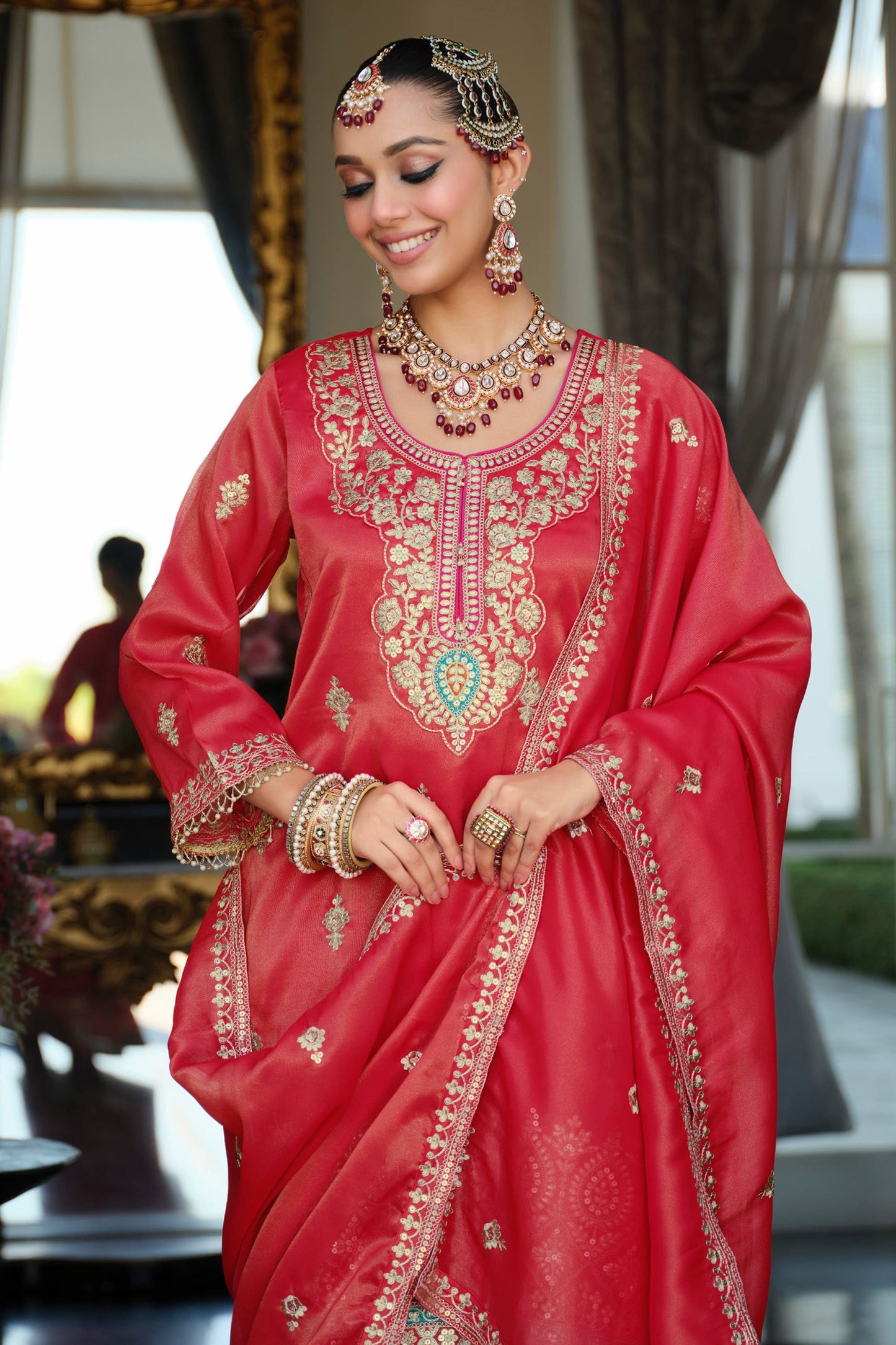 Red Readymade Embroidered Simar Silk Suit-SAR12127_3_SareeButa.com