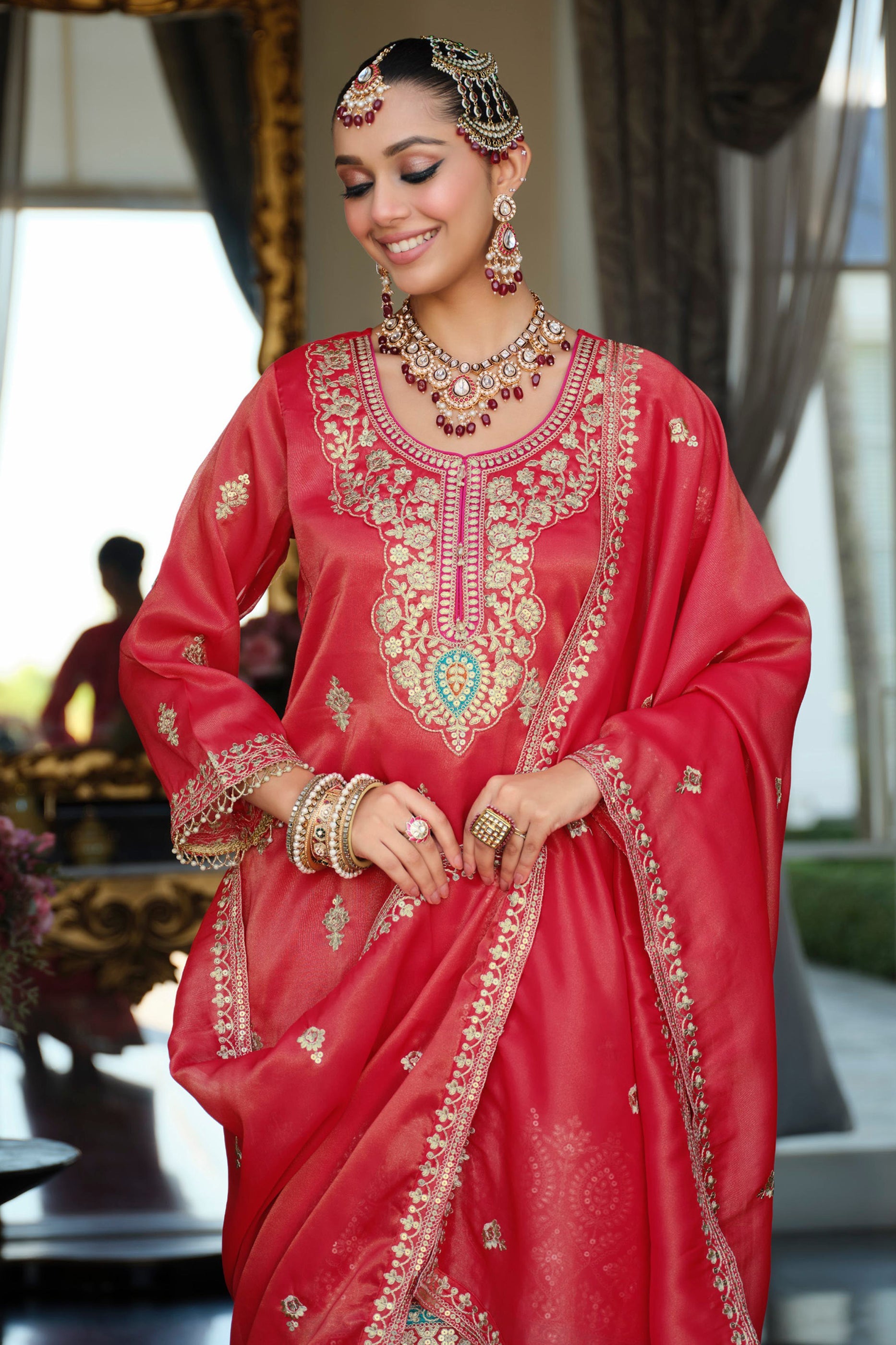 Red Readymade Embroidered Simar Silk Suit-SAR12127_3_SareeButa.com