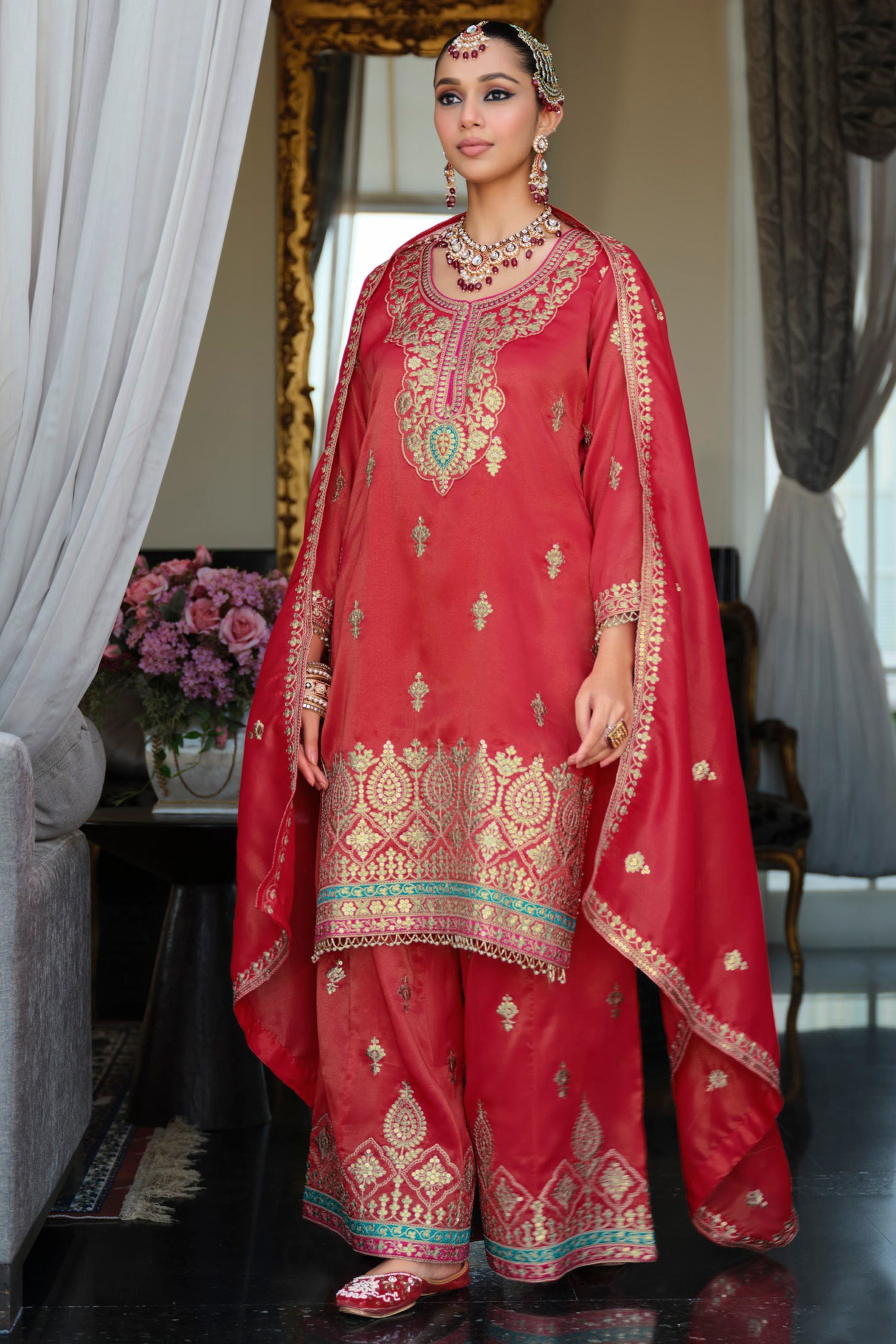 Red Readymade Embroidered Simar Silk Suit-SAR12127_4_SareeButa.com