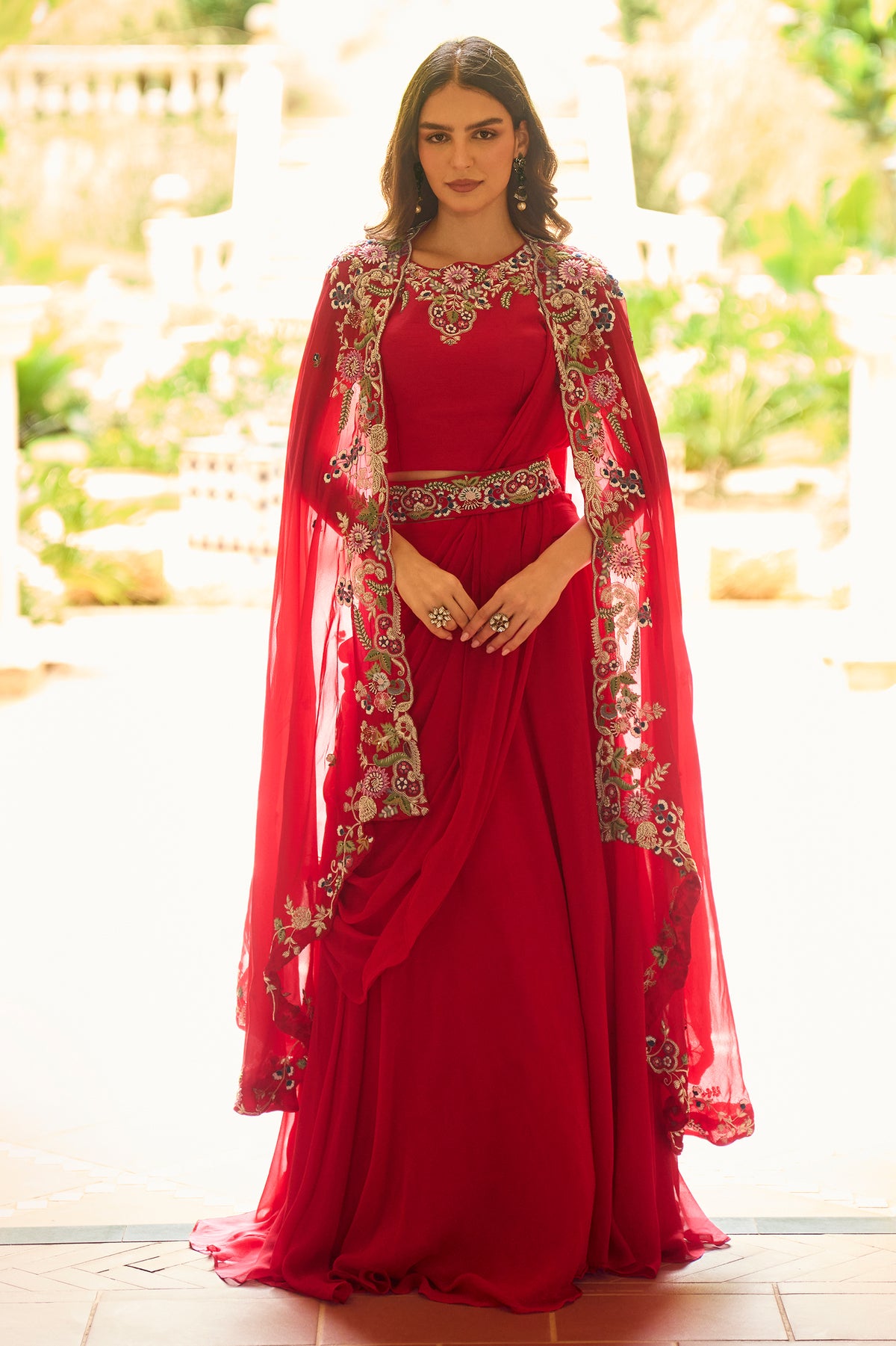 Red Readymade Embroidered Skirt Set With Shrug-SAR13320_1_SareeButa.com