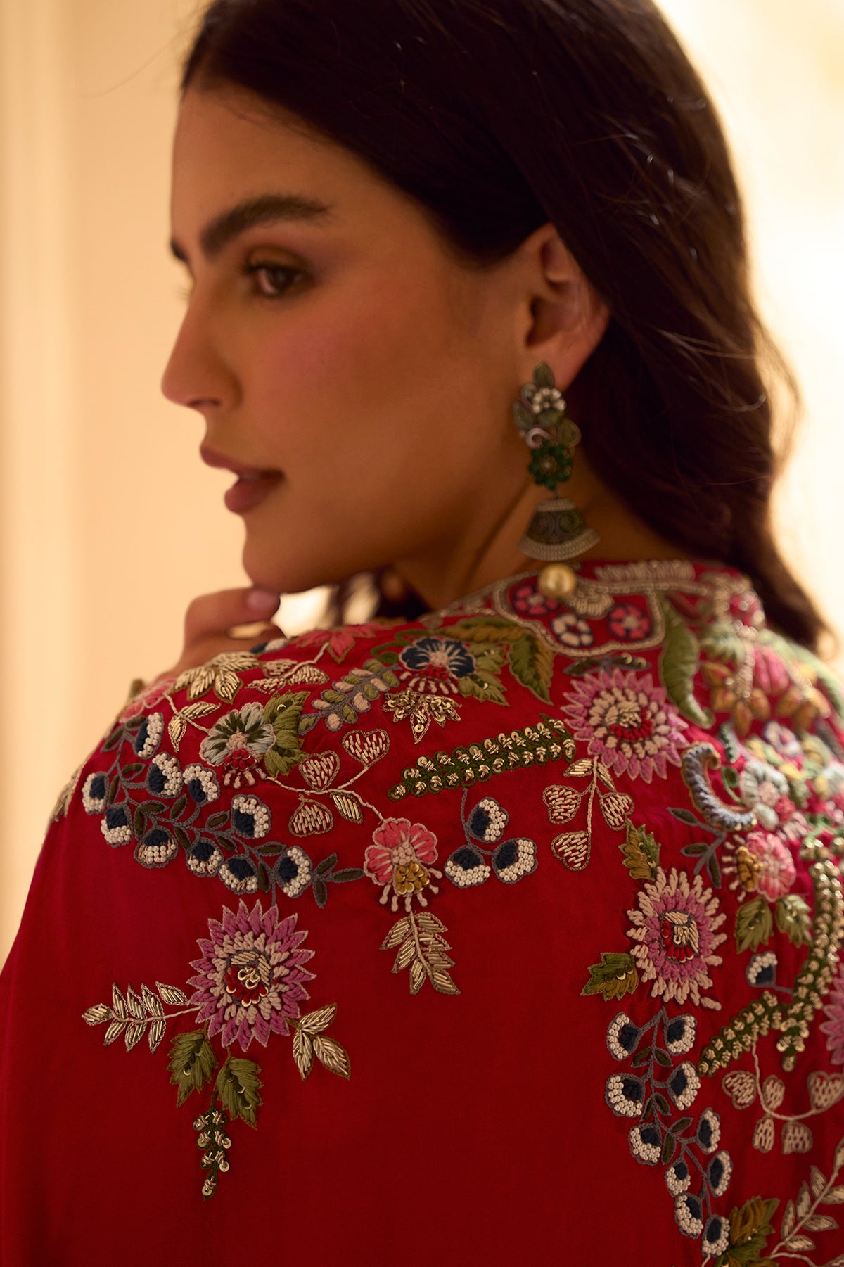 Red Readymade Embroidered Skirt Set With Shrug-SAR13320_2_SareeButa.com