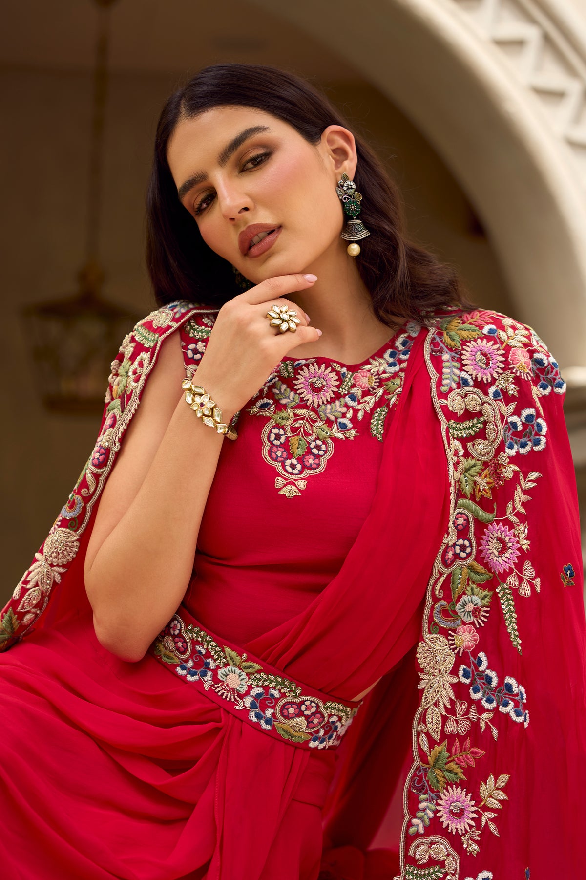 Red Readymade Embroidered Skirt Set With Shrug-SAR13320_3_SareeButa.com