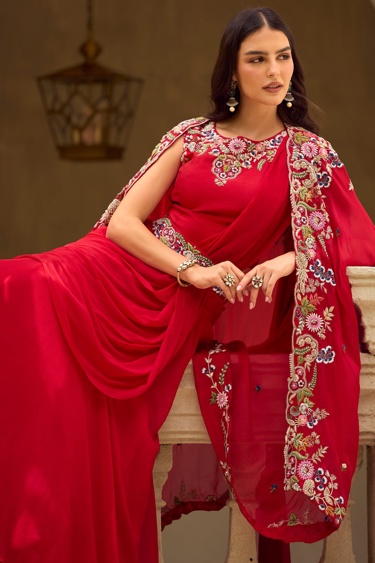 Red Readymade Embroidered Skirt Set With Shrug-SAR13320_4_SareeButa.com