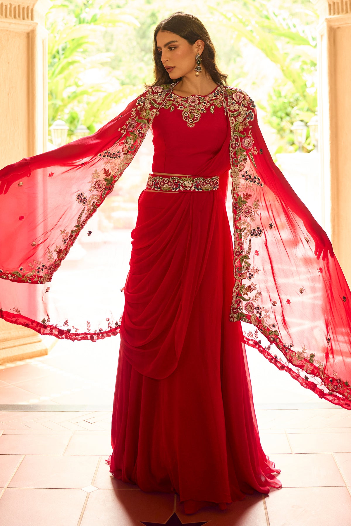 Red Readymade Embroidered Skirt Set With Shrug-SAR13320_5_SareeButa.com
