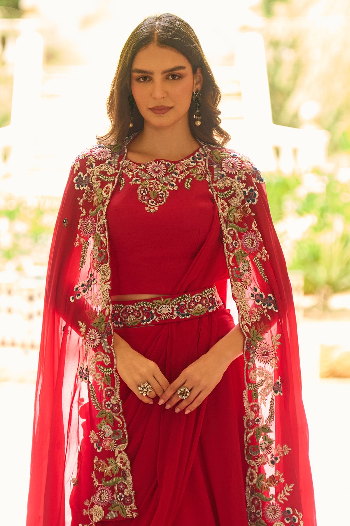 Red Readymade Embroidered Skirt Set With Shrug-SAR13320_6_SareeButa.com