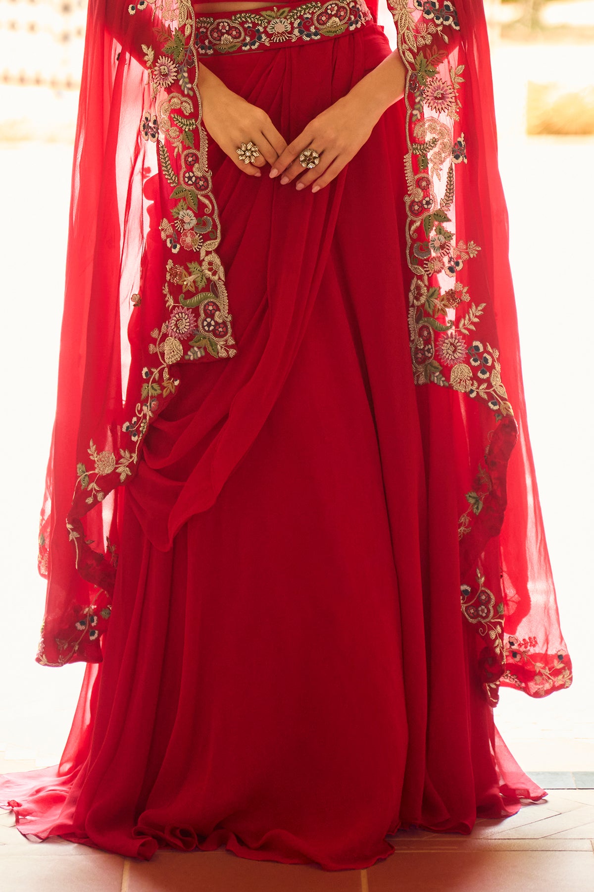 Red Readymade Embroidered Skirt Set With Shrug-SAR13320_7_SareeButa.com