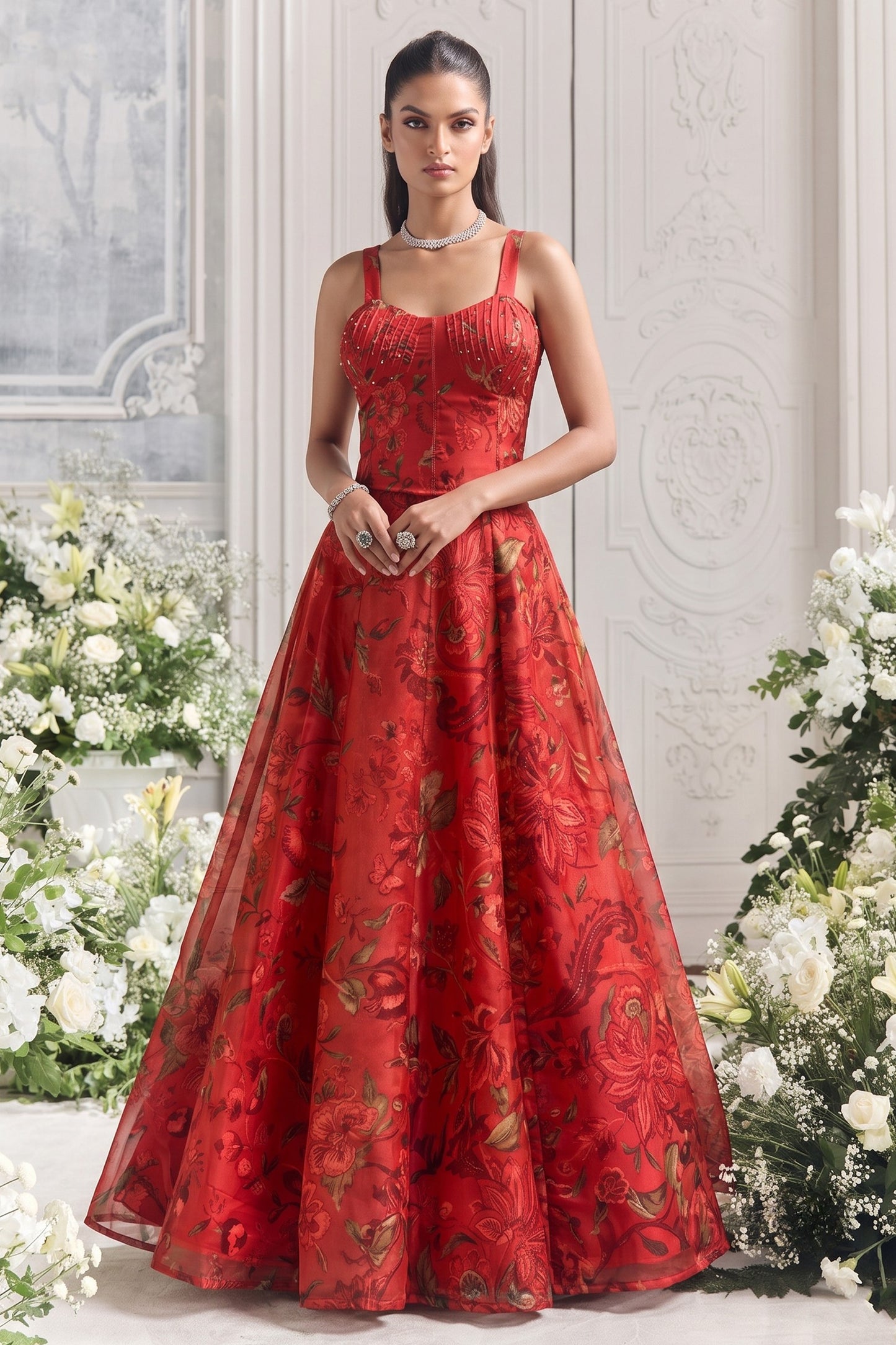 Red Readymade Printed Organza Skirt Set-SAR13116_1_SareeButa.com