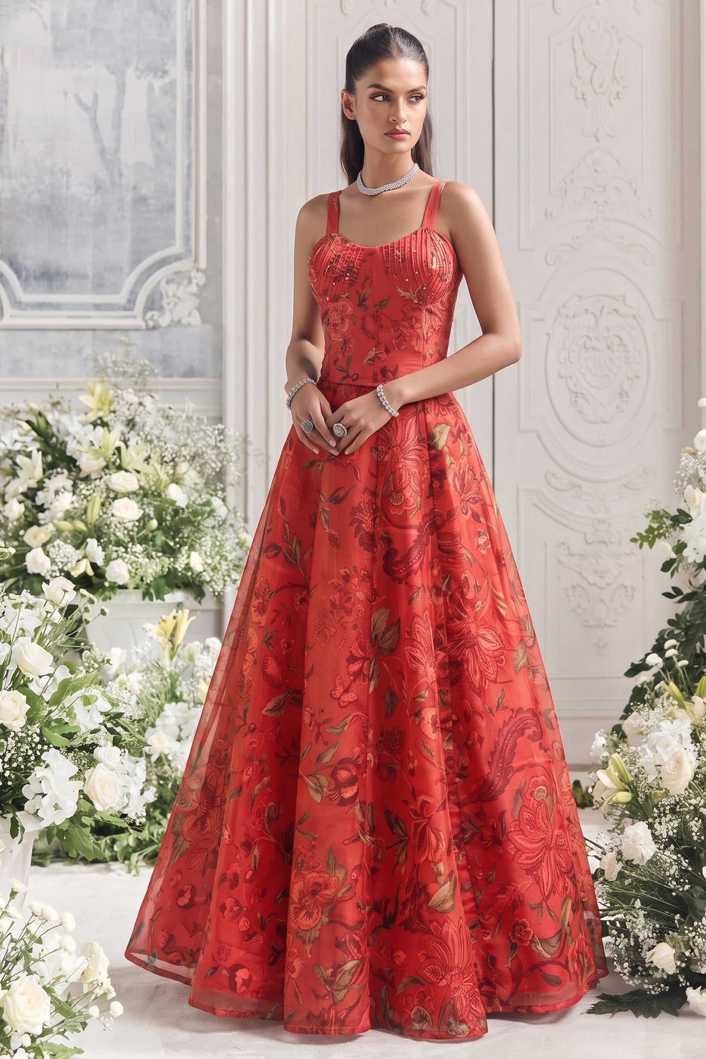 Red Readymade Printed Organza Skirt Set-SAR13116_3_SareeButa.com