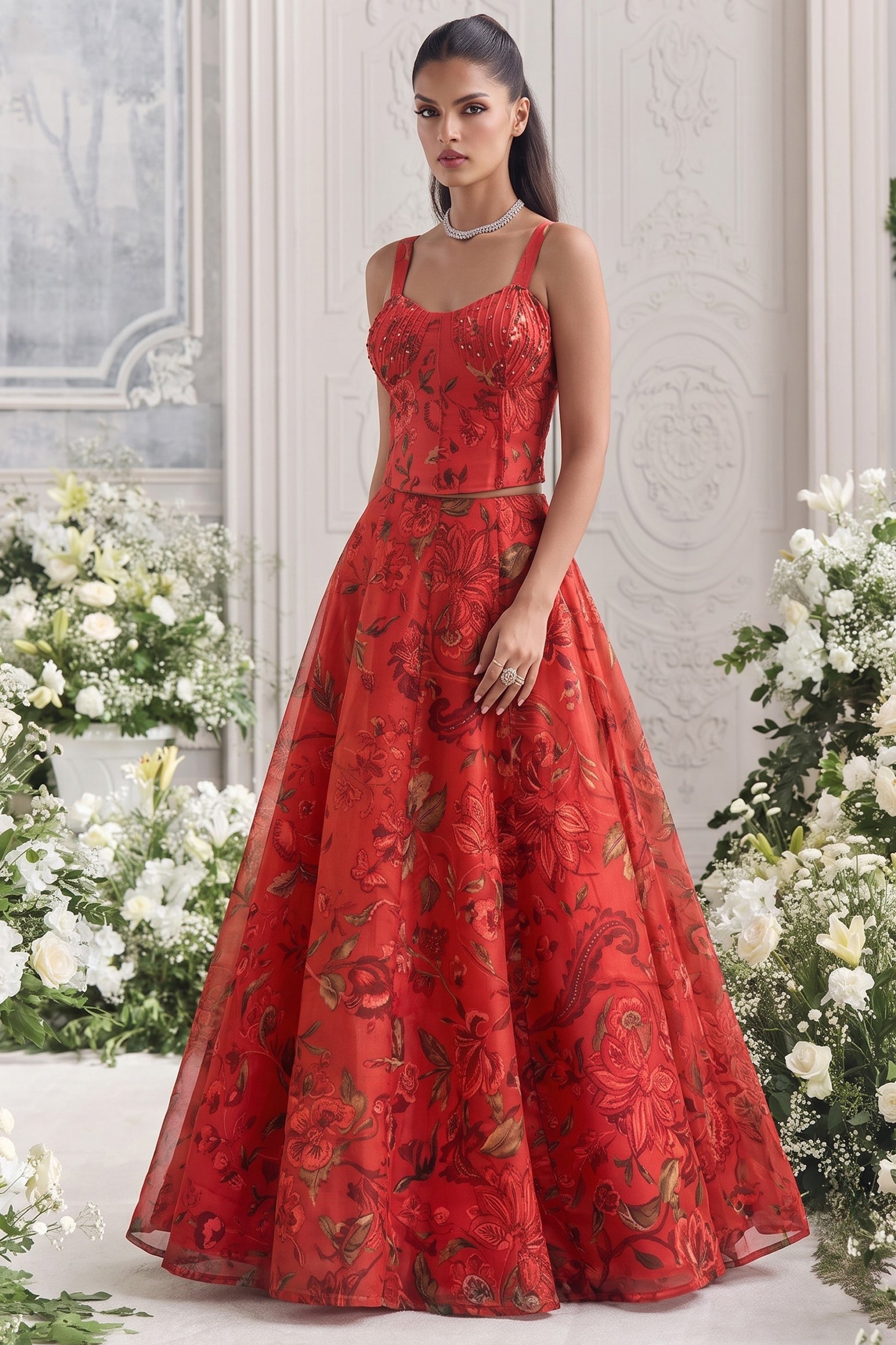 Red Readymade Printed Organza Skirt Set-SAR13116_4_SareeButa.com