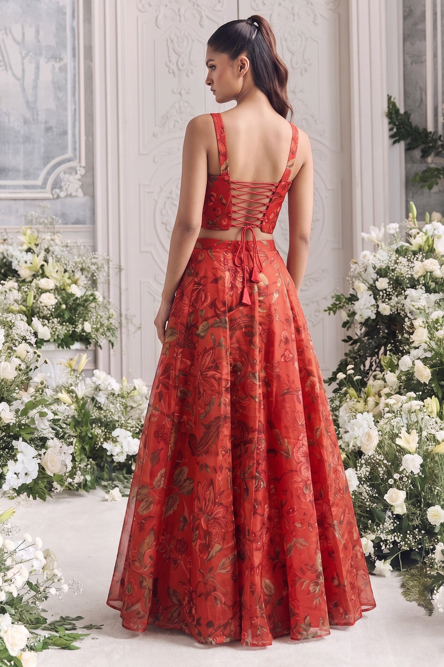 Red Readymade Printed Organza Skirt Set-SAR13116_5_SareeButa.com
