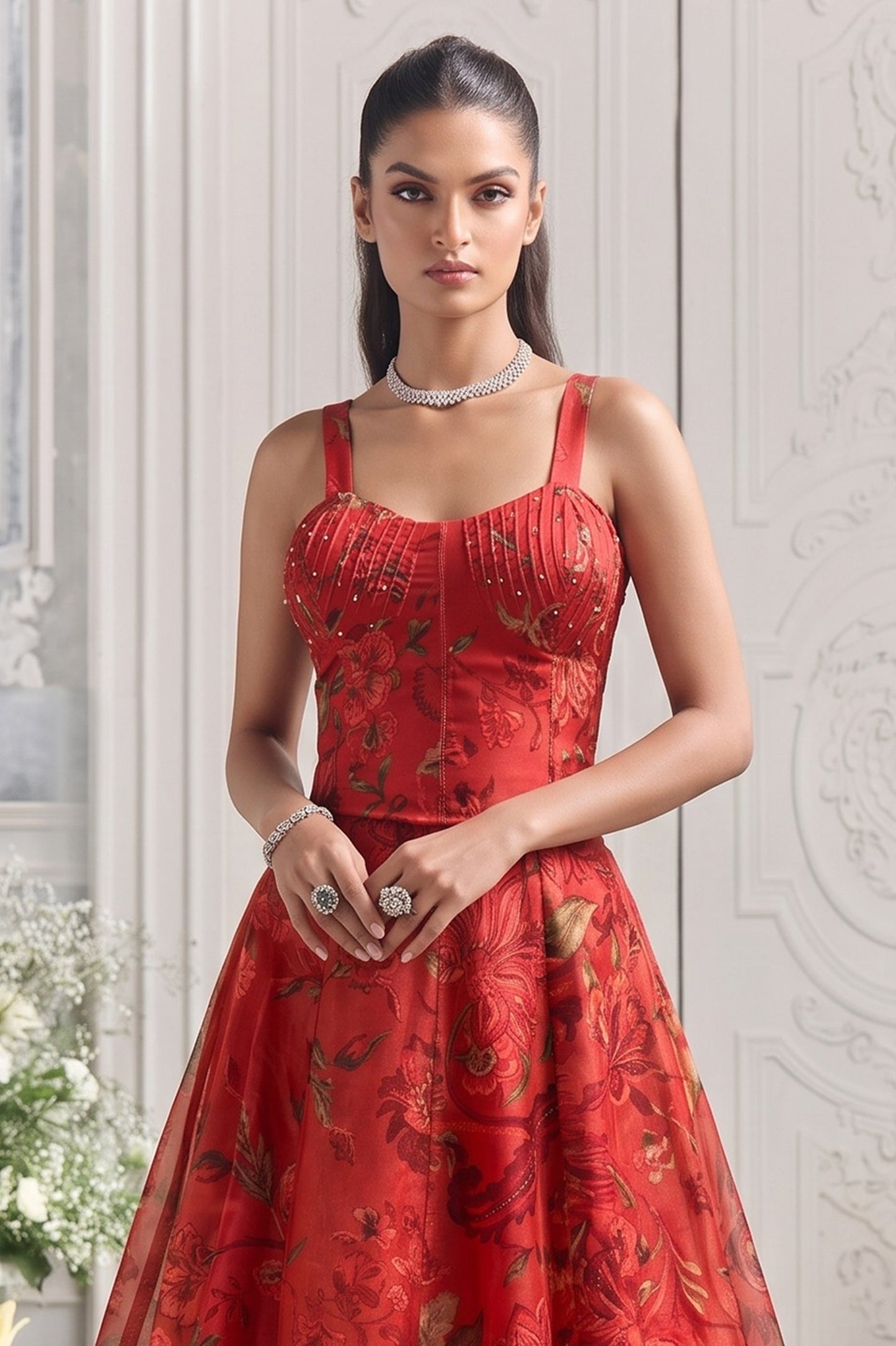 Red Readymade Printed Organza Skirt Set-SAR13116_6_SareeButa.com