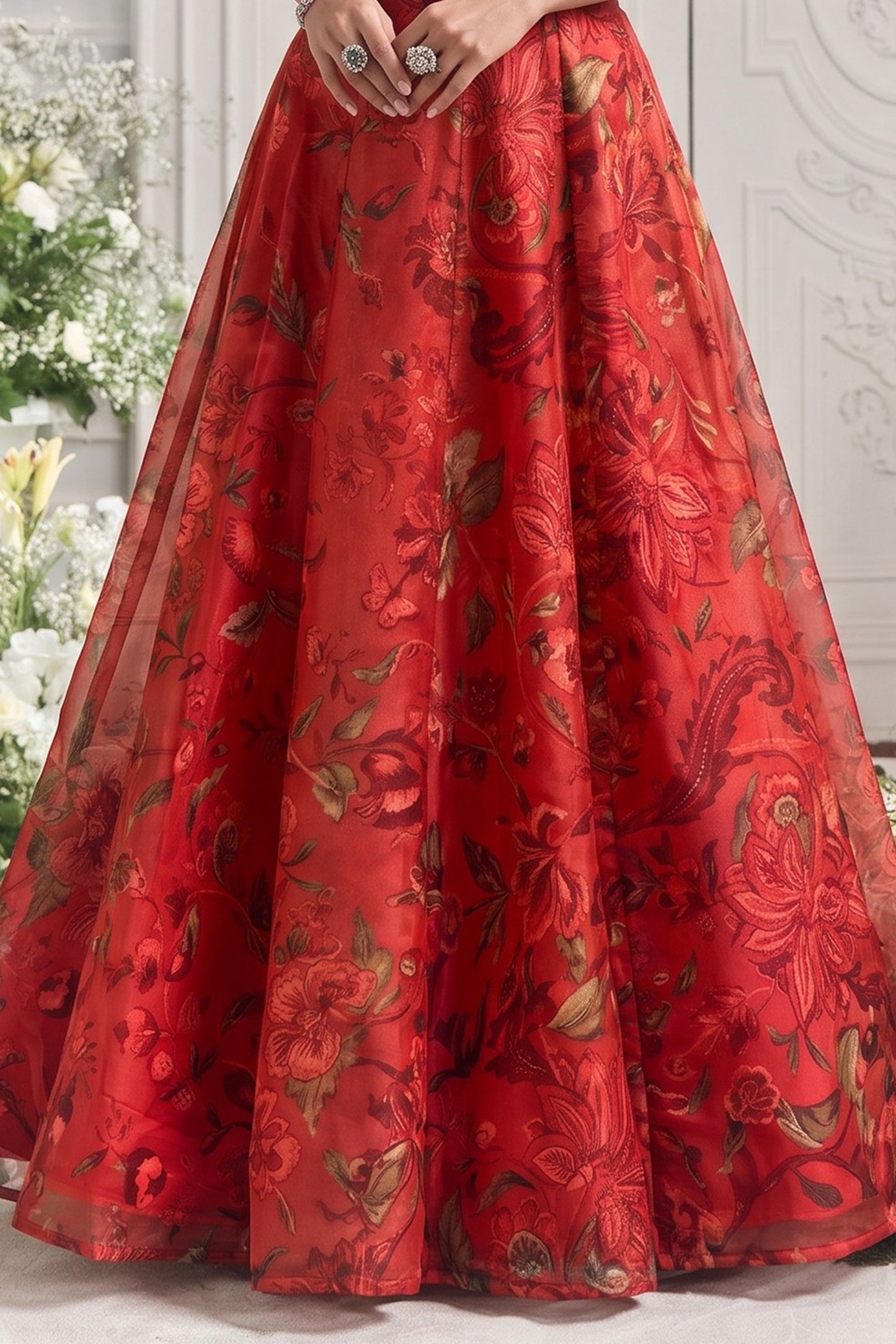 Red Readymade Printed Organza Skirt Set-SAR13116_7_SareeButa.com