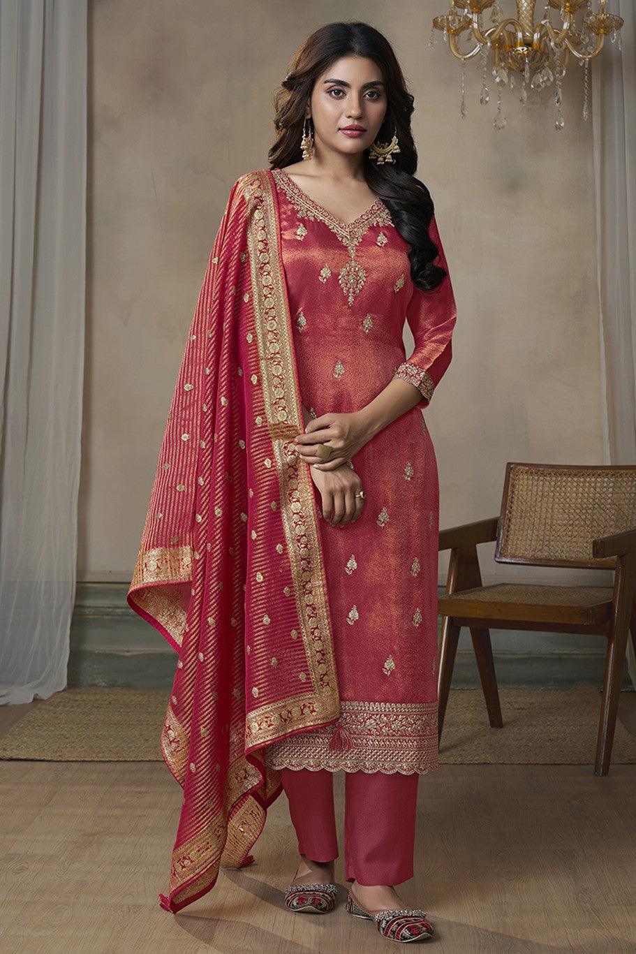 Red Readymade Tissue Suit-SS305_1_SareeButa.com