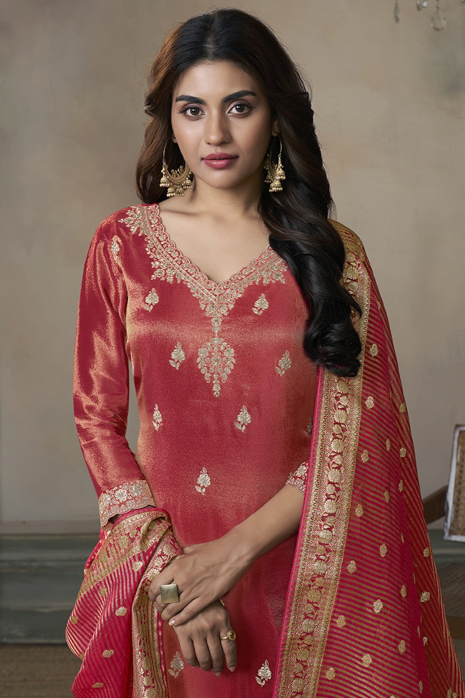 Red Readymade Tissue Suit-SS305_2_SareeButa.com