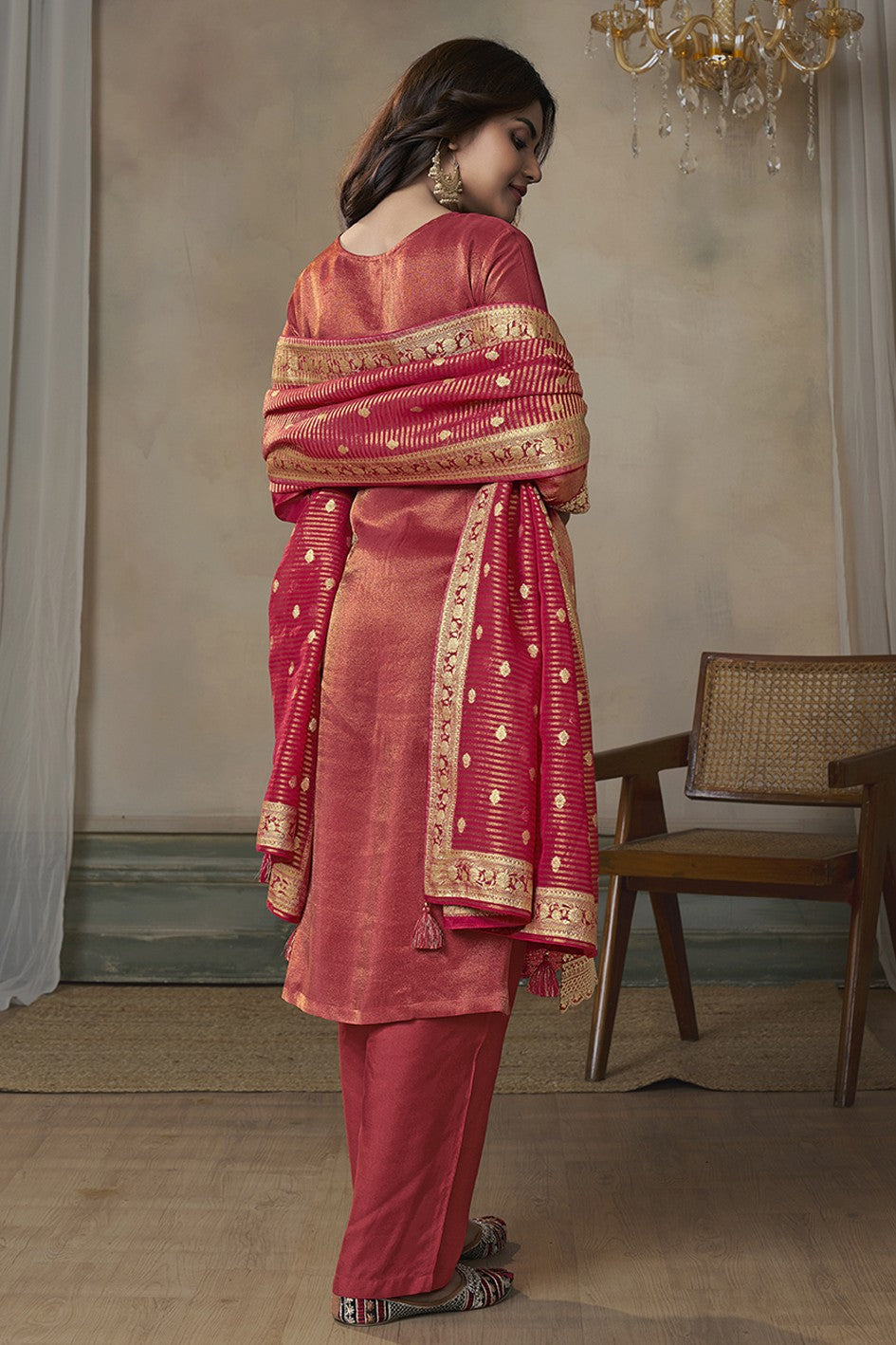 Red Readymade Tissue Suit-SS305_3_SareeButa.com