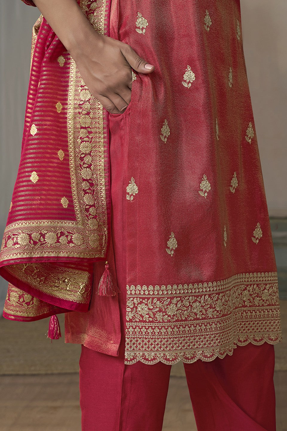 Red Readymade Tissue Suit-SS305_4_SareeButa.com