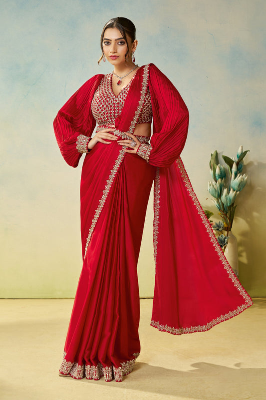 Red Satin Silk Readymade Saree-SAR11143_1_SareeButa.com