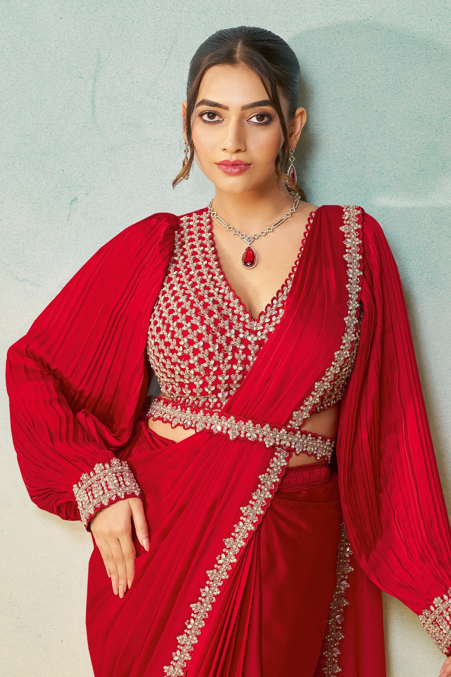 Red Satin Silk Readymade Saree-SAR11143_2_SareeButa.com