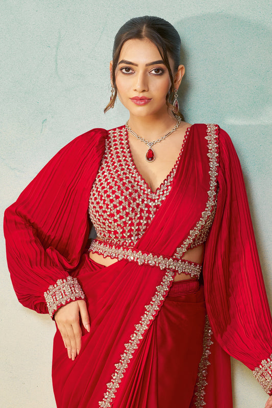 Red Satin Silk Readymade Saree-SAR11143_2_SareeButa.com